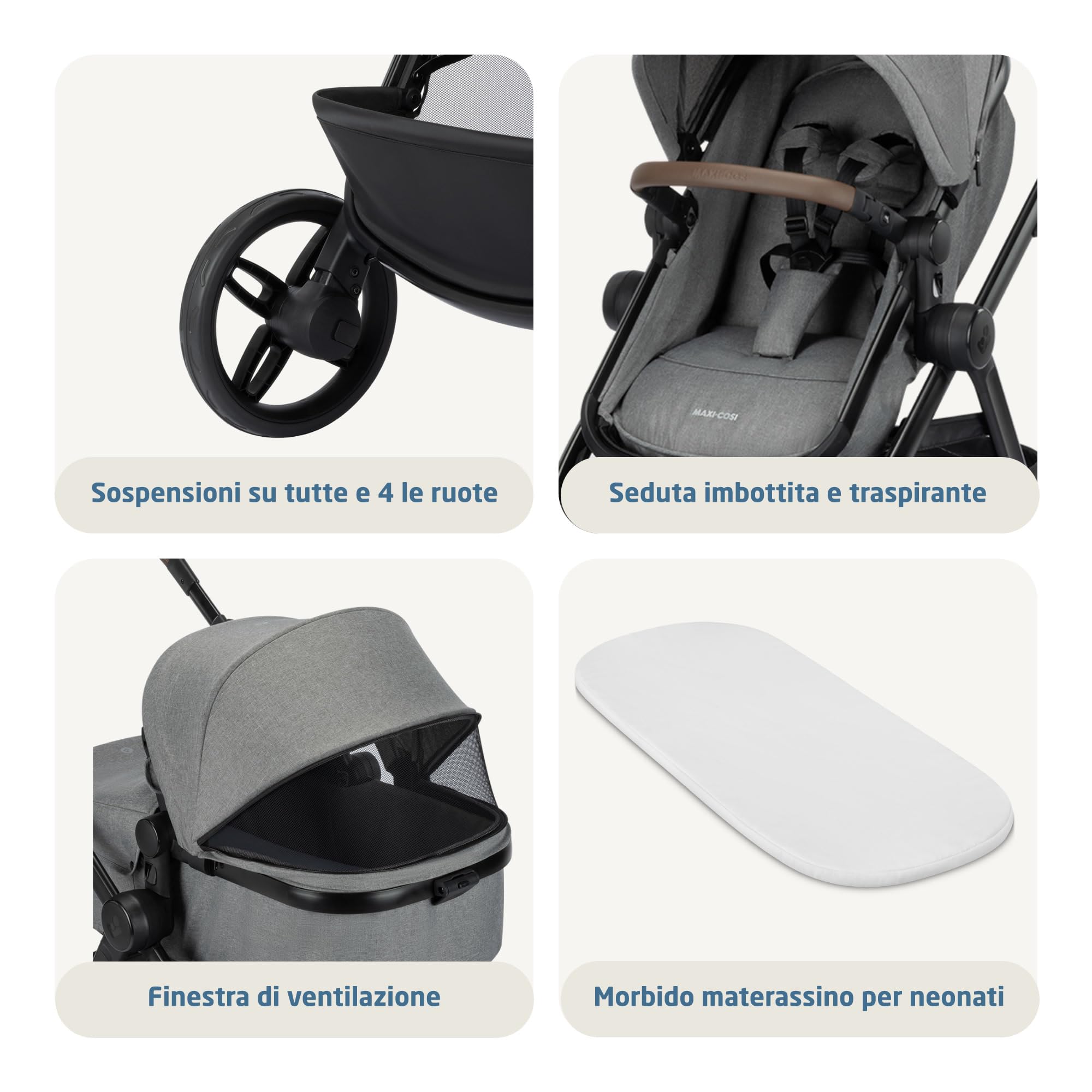 Maxi Cosi Zelia Select Trio, Passeggino Trio Con Seggiolino Auto, 0-4 anni (0-22 kg), Passeggino Neonato Compatto e Reversibile, Seggiolino Auto CabrioFix S i-Size e Borsa Passeggino, Grigio