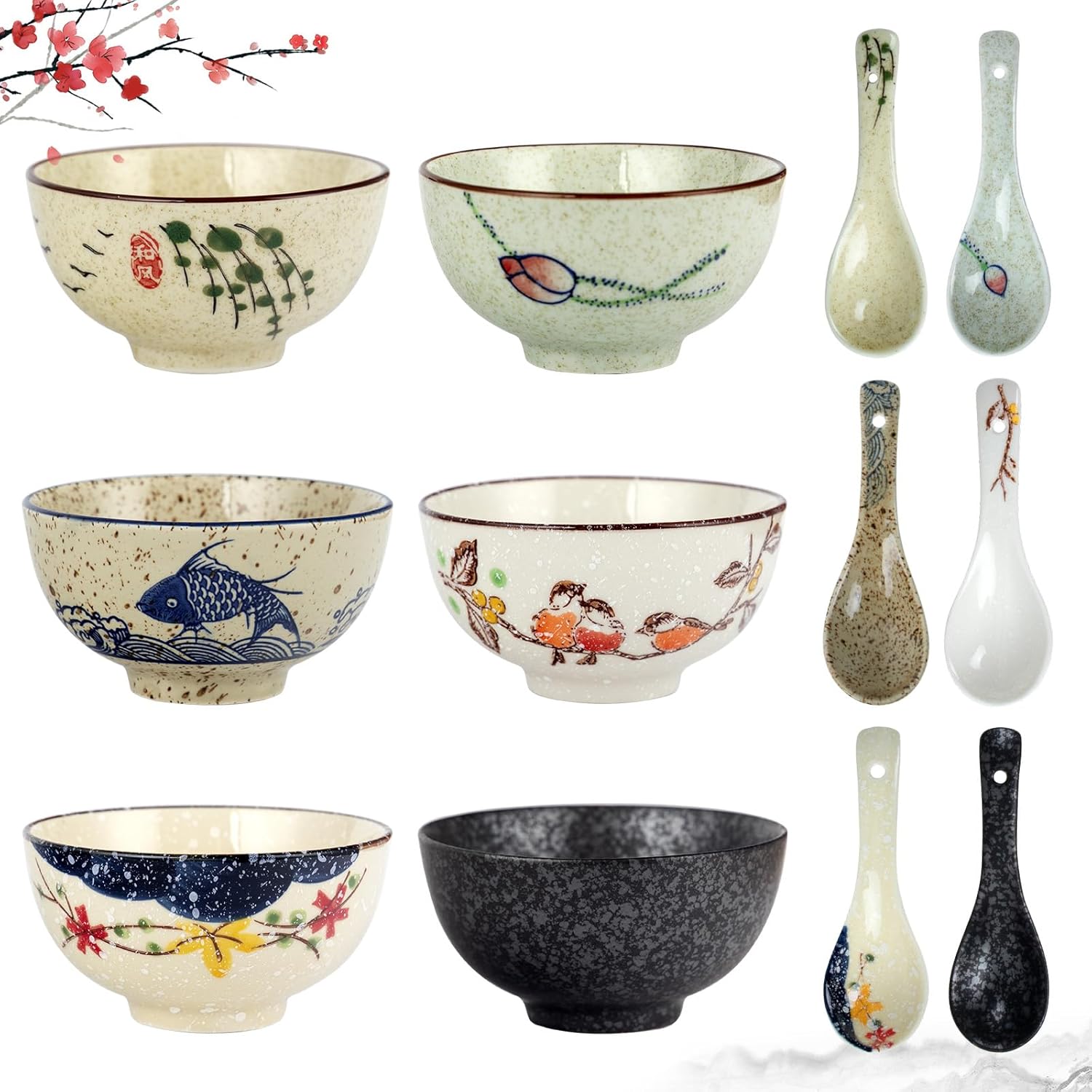 Japanese Style Ceramic Tableware Set: 6 Retro Rice Bowls 6 Japanese Retro Ceramics Soup Spoons Chinese Serving Tableware for Christmas winter Holiday Gift