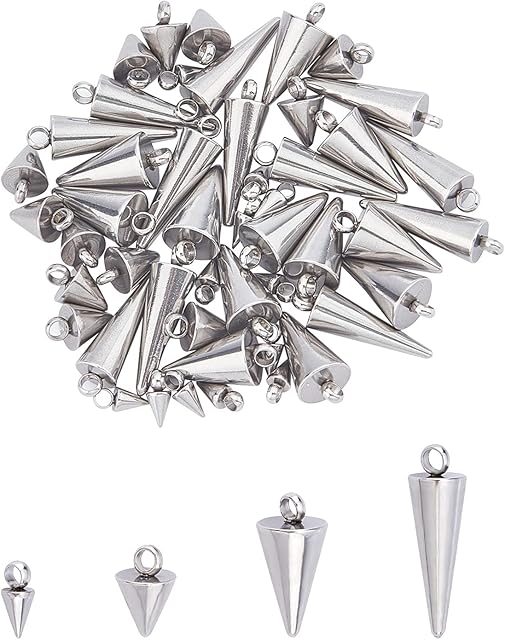 UNICRAFTALE about 48pcs 4 Sizes Spike Pattern Charms 304 Stainless Steel Pendants Metal Cone Charms Small Hole Pendants for DIY Necklaces Jewelry Making Accessory, 6.5-18mm