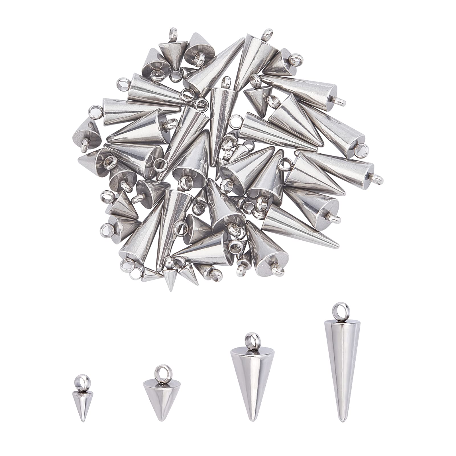 UNICRAFTALE about 48pcs 4 Sizes Cone Charms Spike Hypoallergenic Pendants Stainless Steel Charms Small Hole Cone Pendants for DIY Earring Jewelry Making