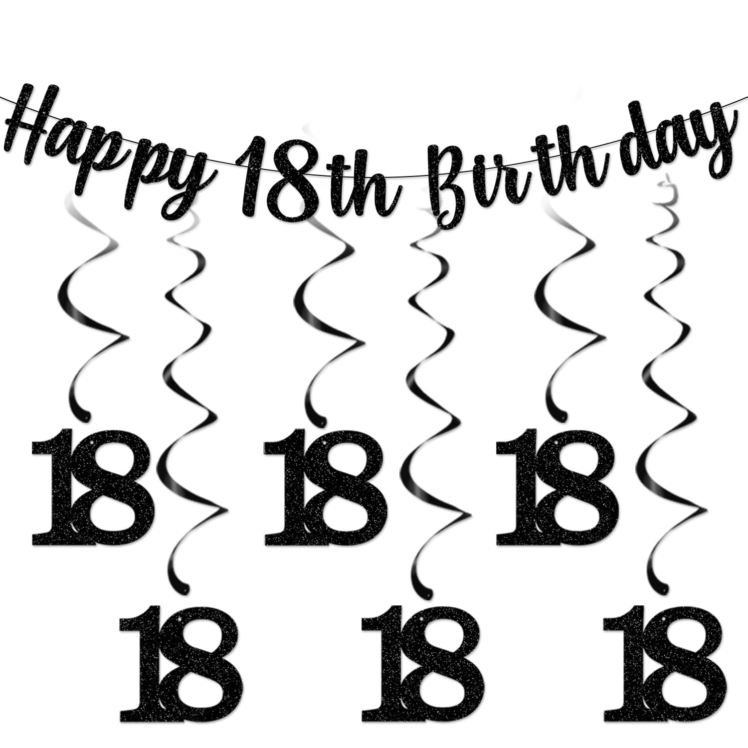 bng-bng 18th Birthday Decorations Boys Black With Happy 18th Birthday Bunting Banner 18 Hanging Swirls Streamers for Boys Girls To Be Adult Age 18 Anniversary Party Decor Supplies