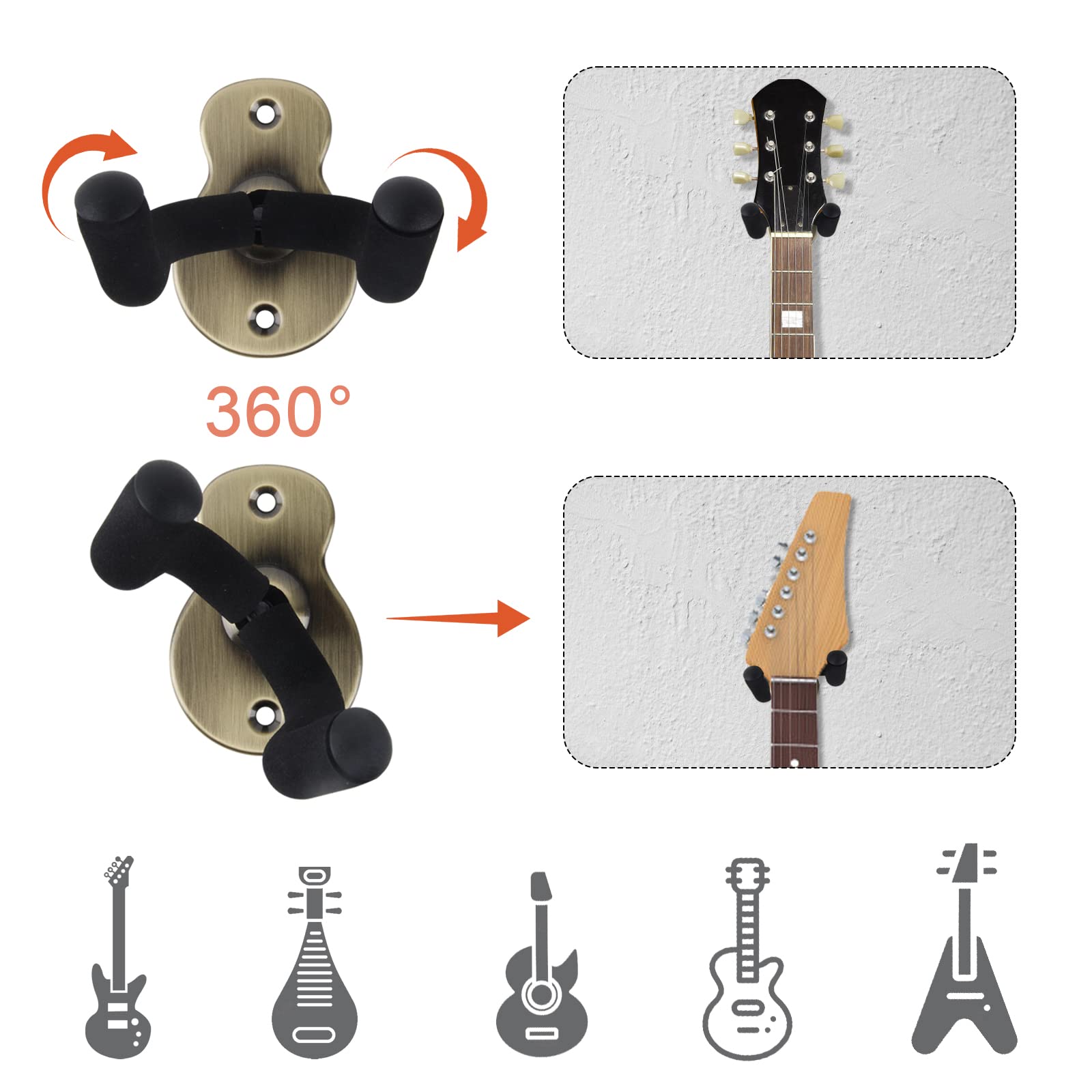 2 uchwyty metalowe ścienne na gitarę, ukulele i gitarę akustyczną, antypoślizgowy, z gąbkami, wieszak ścienny