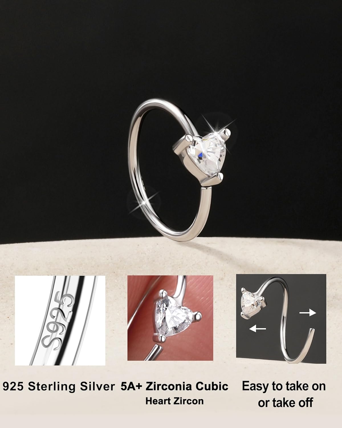 Jewseen 925 Sterling Silver Nose Rings Hoops 20g Hoop Nose Rings Heart Cartilage Hoop Helix Earrings Nose Piercings Jewelry for Women - Image 5