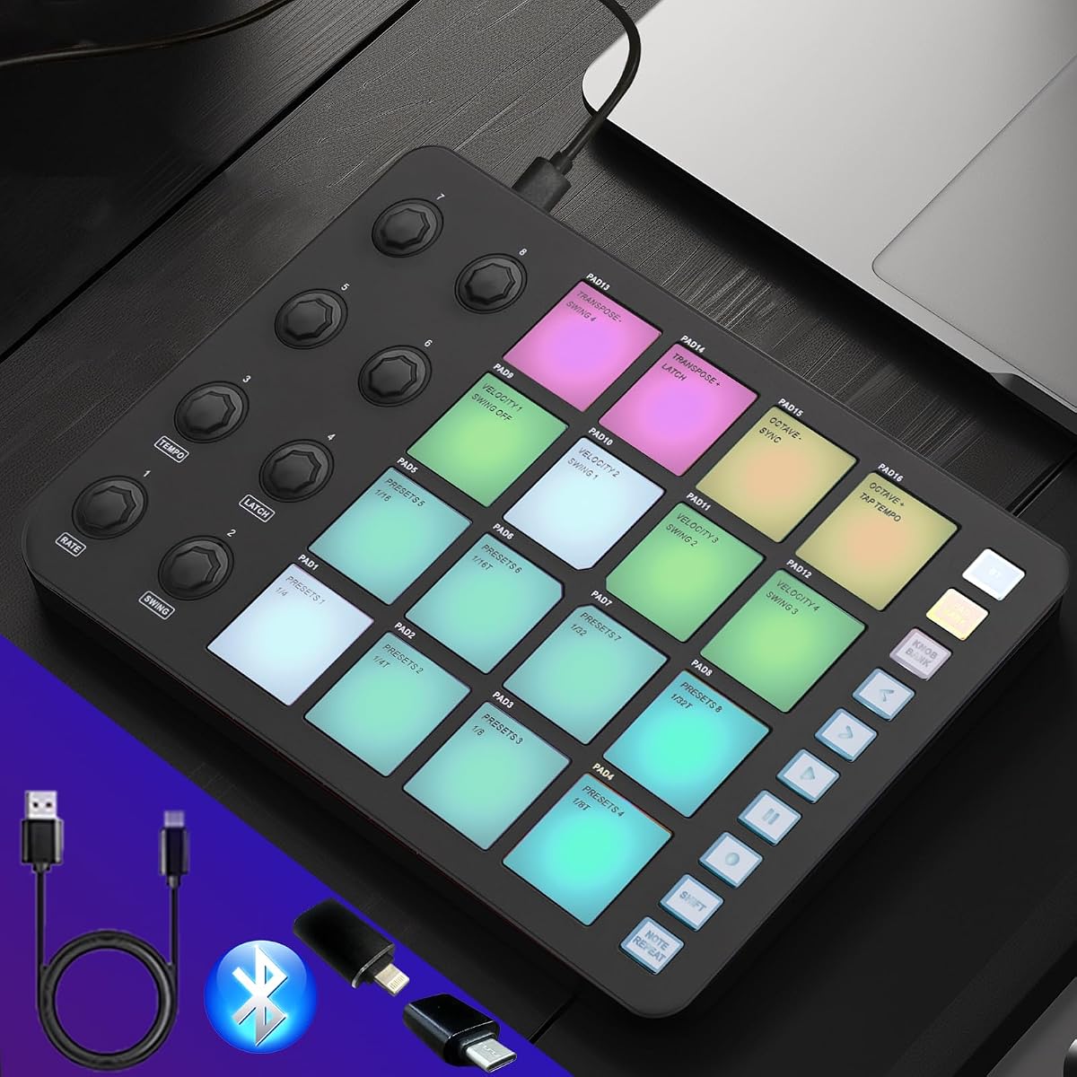Beat Maker Machine - Bluetooth MIDI Pad Simulator, SMC-PAD Plus | Audio MIDI Controller, M-Wave Portable Beat Pad Compatible with Windows macOS iOS Android, 2000mAh Battery, 16 Pads, 8 Knobs