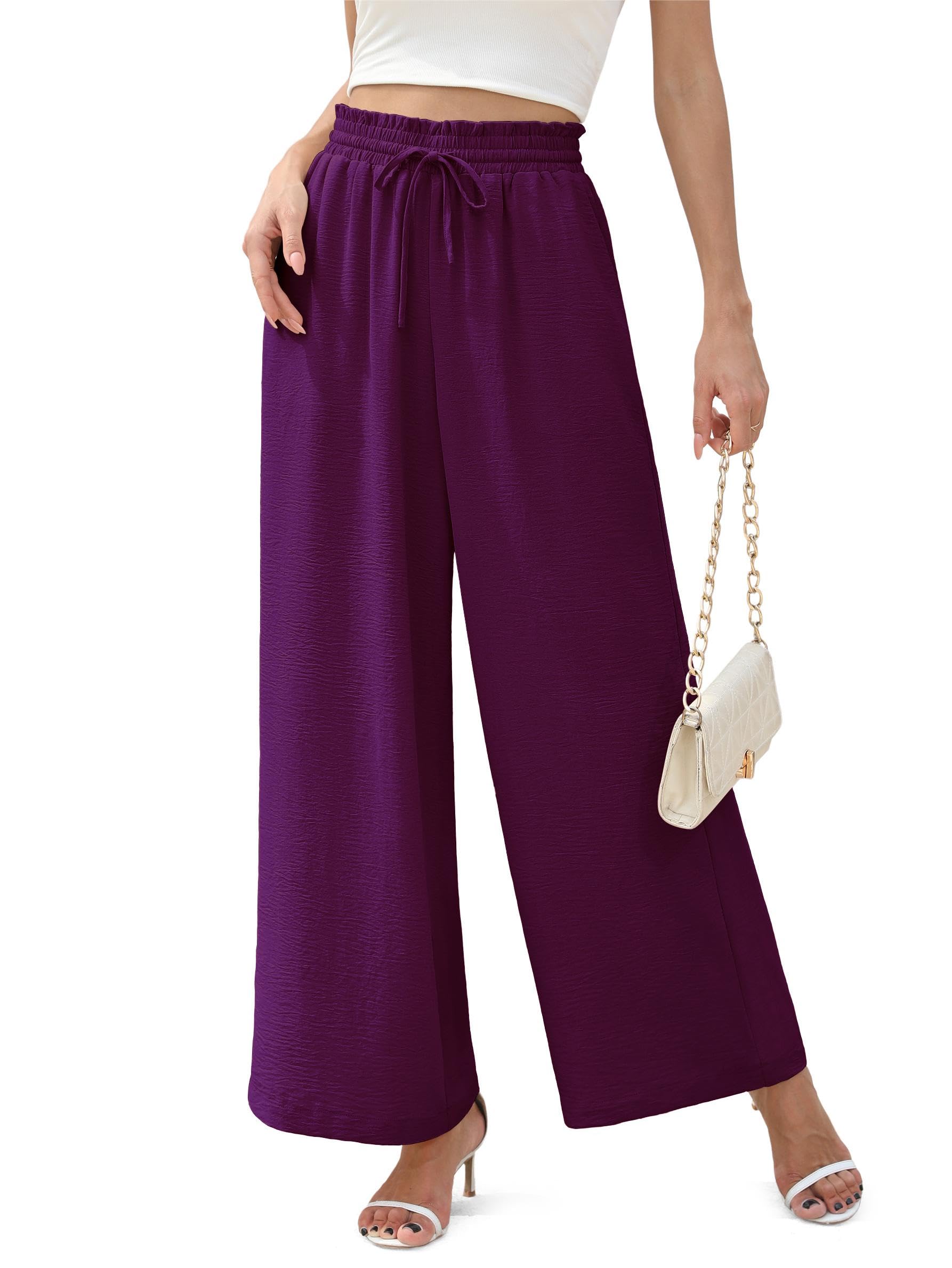 Womens Wide Leg Linen Pants High Waisted Flowy Palazzo Pants Lounge Loose Casual Work Pants Trousers Pockets