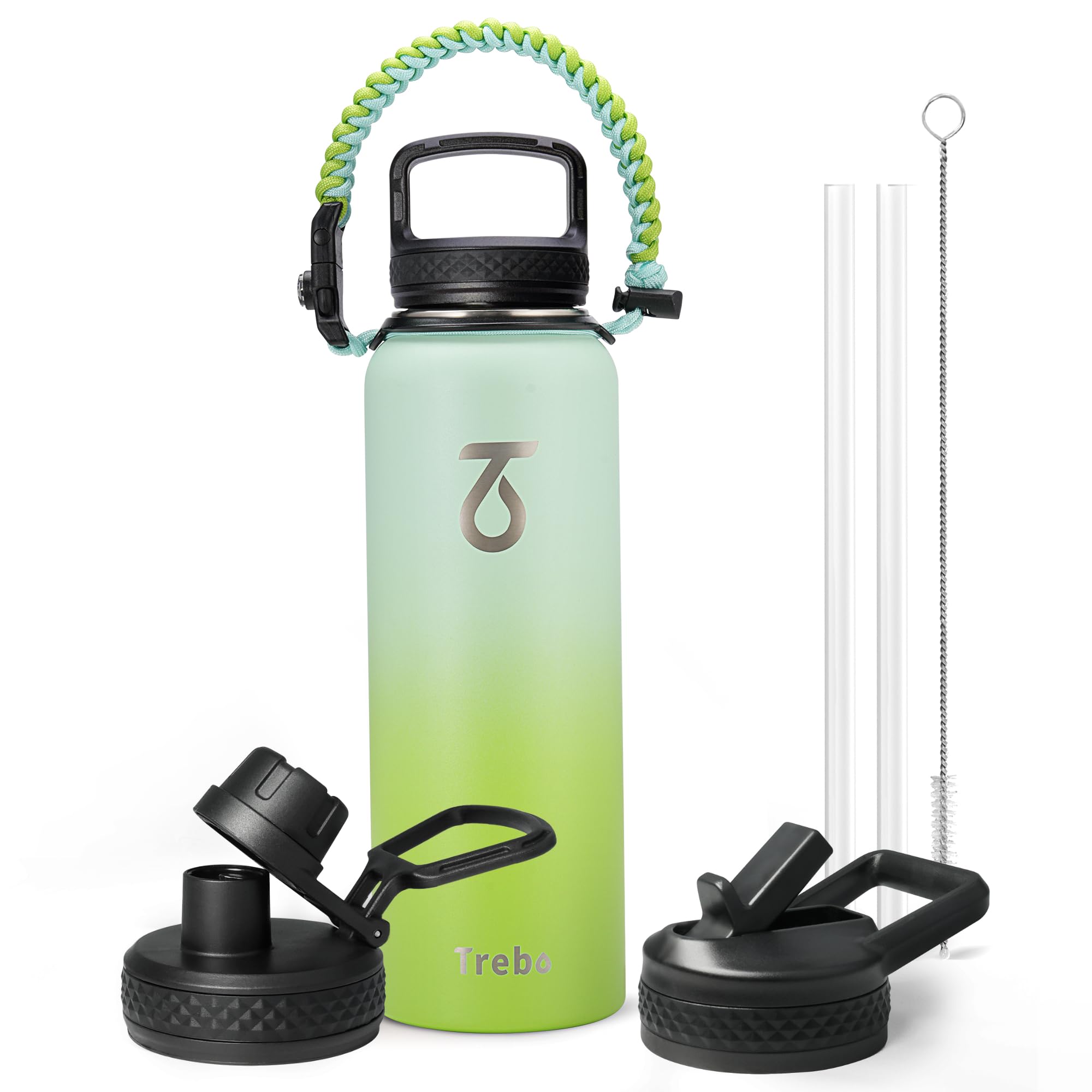 Trebo Borraccia Termica, Borraccia con Cannuccia Borraccia acciaio inox fredda per 48 ore Borraccia Termica Bottiglia in Metallo con Manico in Paracord, 1183 ml, Verde
