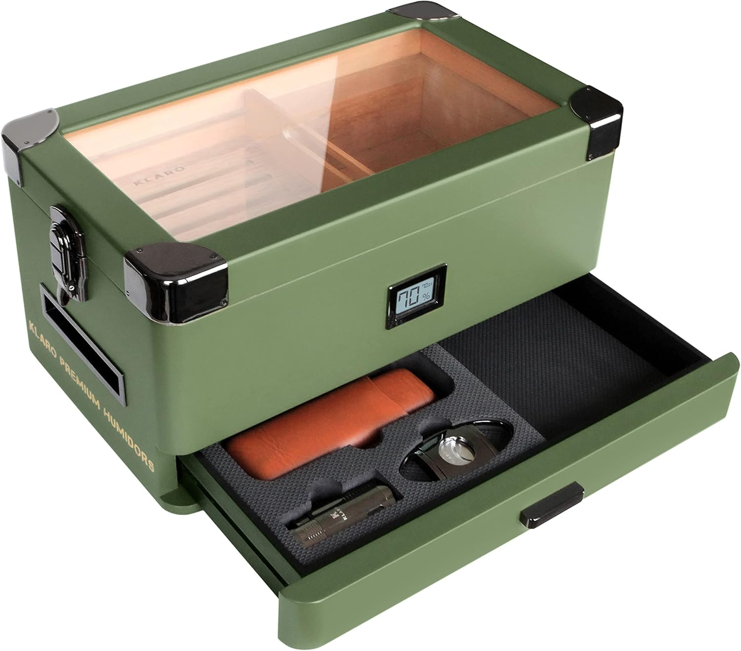 Military Glass Top Humidor Matte Green with Front Digital Hygrometer