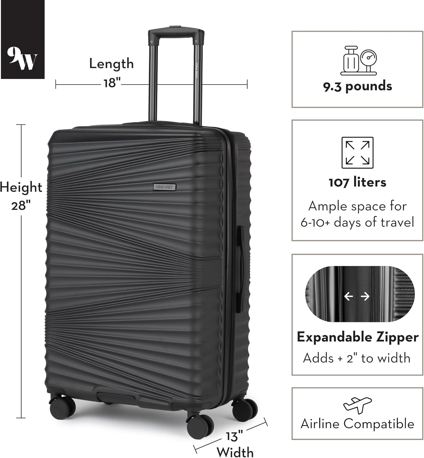 Nine West Ella 28 Inch Hardshell Spinner, Large Expandable Checked Luggage, Extra Capacity Suitcase for Extended Travel