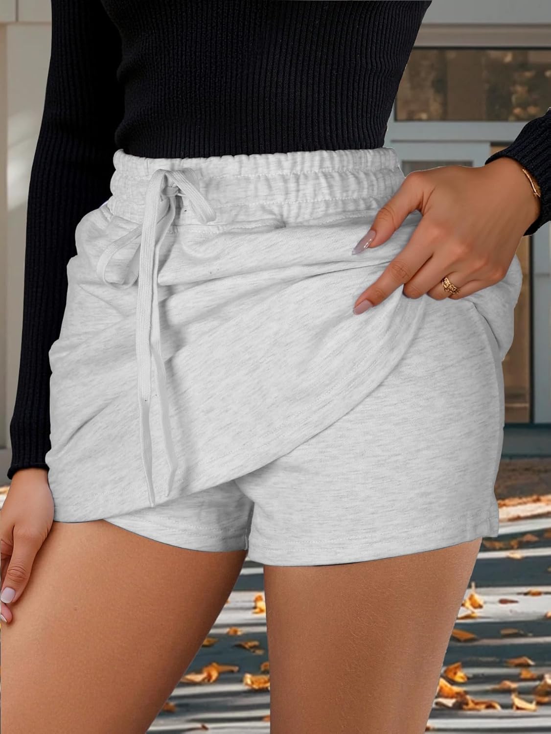 EARKOHA Womens Mini Skirt High Waist Spring Fall Trendy Drawstring Side Slit Sweat Skirts with Pockets Built-in Shorts - Image 6