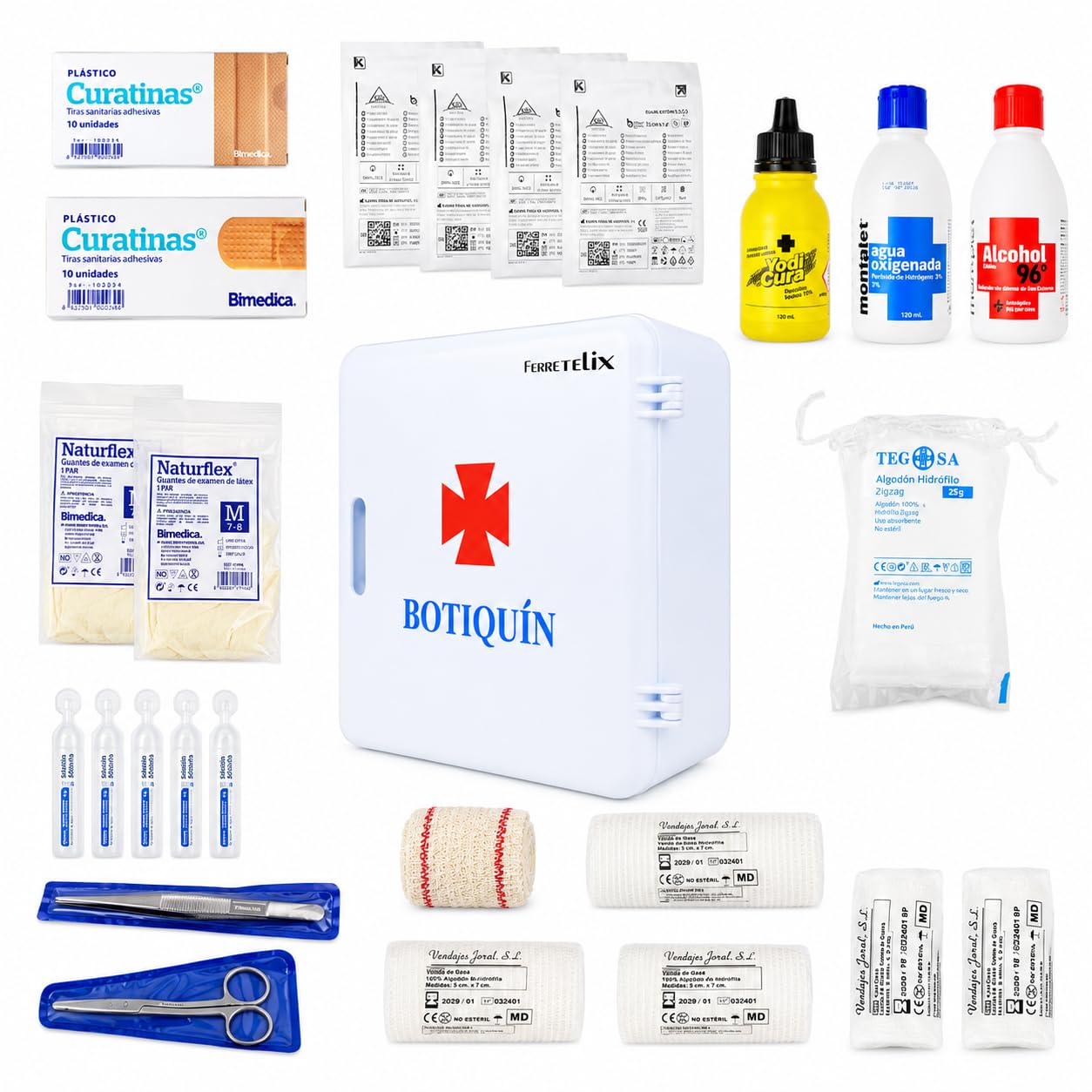 Ferretelix® Armadietto di Pronto Soccorso da Parete con Dotazione – 28 x 25 x 10 cm – Kit Medico Completo per Casa, Ufficio e Negozi