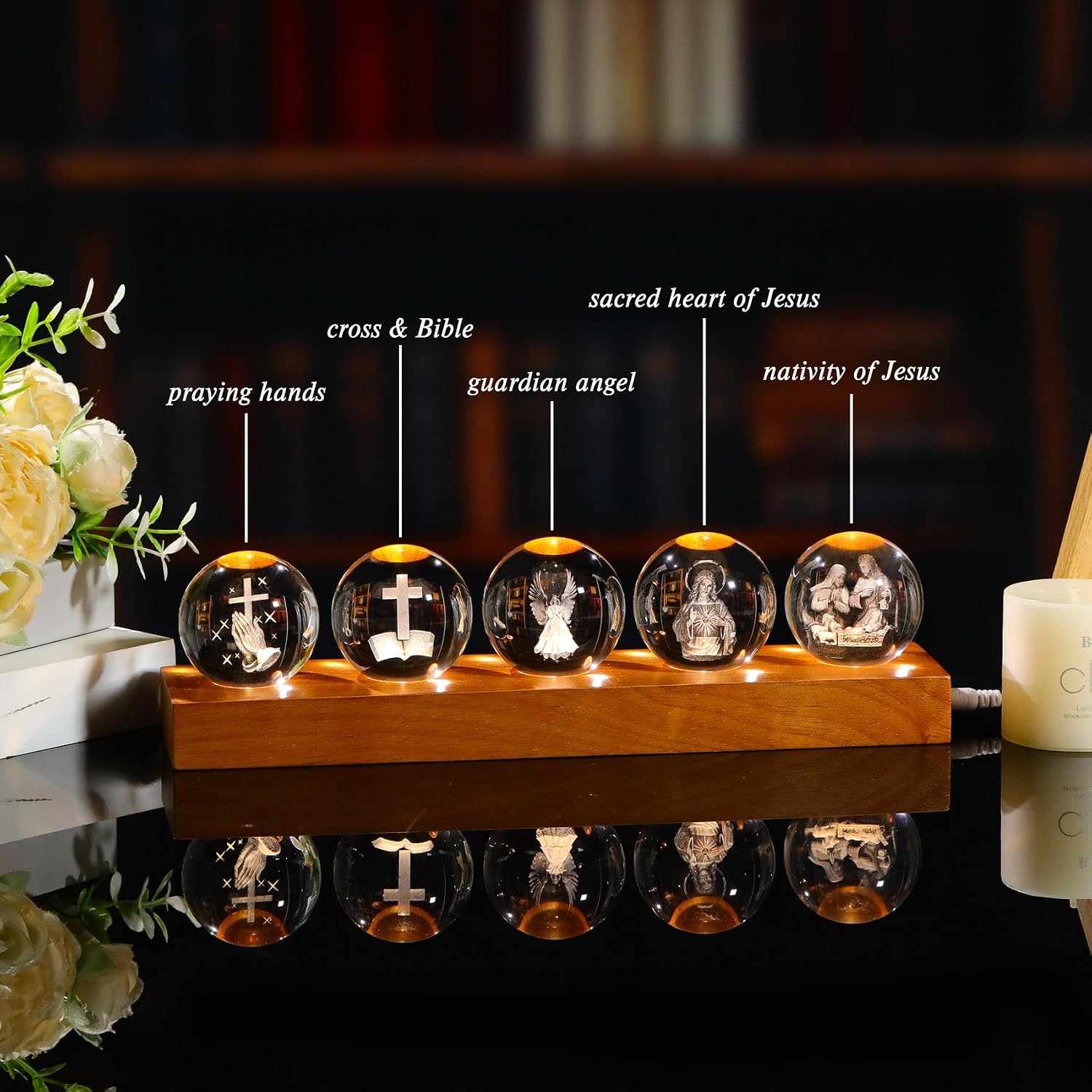 YWHL Religious Crystal Ball with Light Base, Christian Gifts for Women Men | Christmas Religious Gifts for Women, Laser Engraving 3D Cross Guardian Angel Praying Hands, Christian Home Office Decoration
