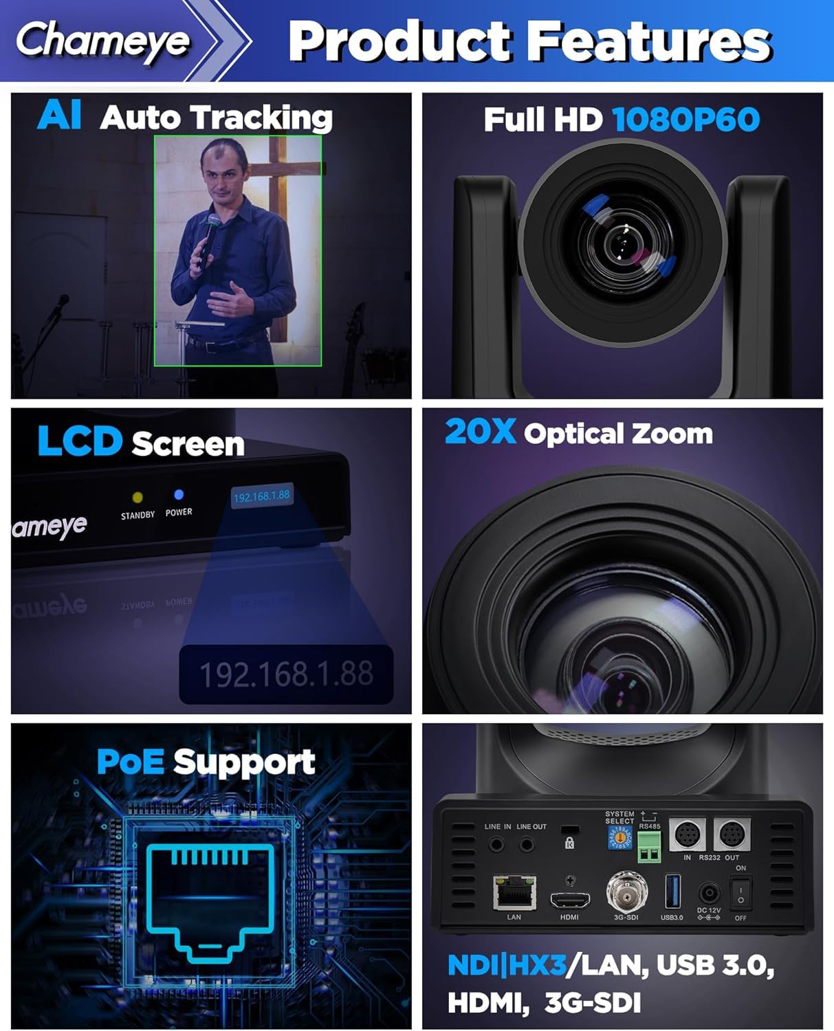 Chameye Telecamera NDI HX3 PTZ Zoom Ottico 20x 1080P 60fps AI Traccimento con display LCD, 3G-SDI HDMI USB3.0 LAN (PoE) per eventi educativi al culto della Chiesa - C720N