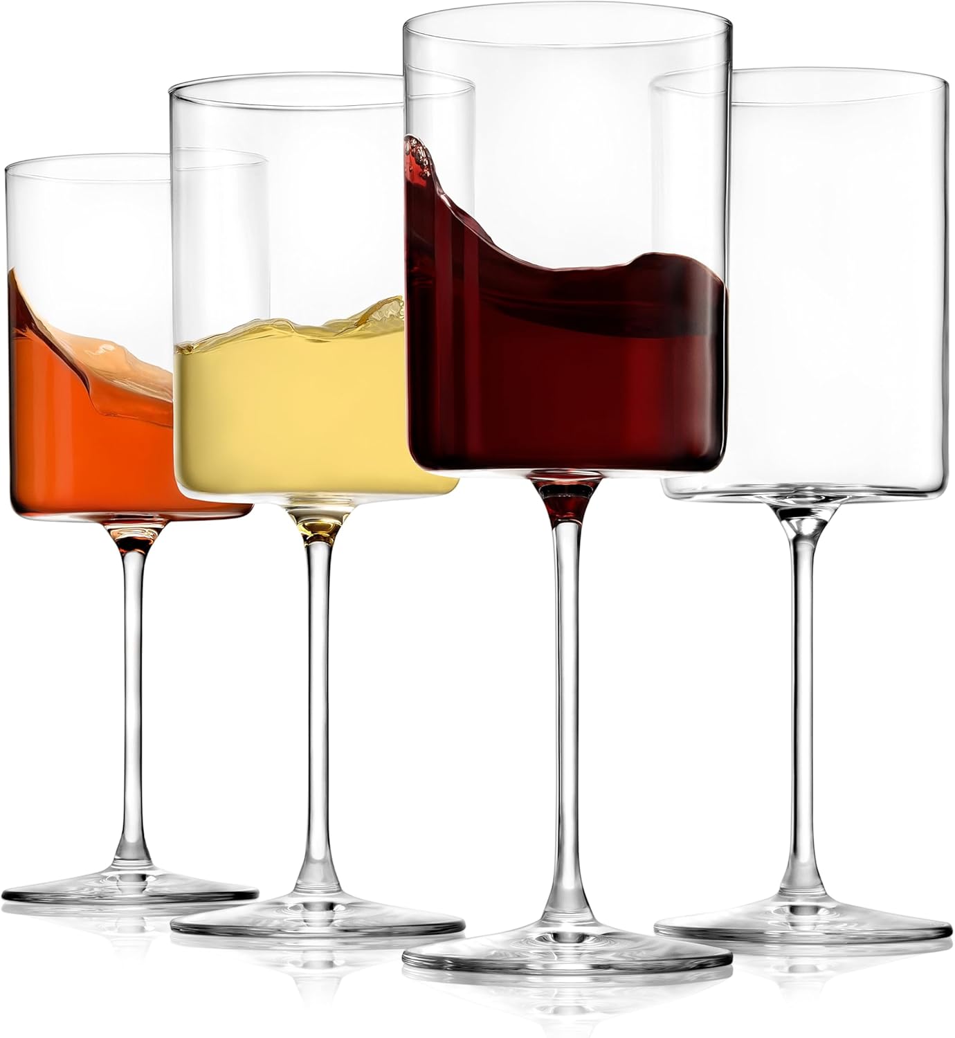 BENETI Square Crystal Wine Glasses Set Of 4 - European-made Handblown 14 oz Gift Packed Glasses - Large White & Red Wine Goblets W/Laser-cut Rim, Dishwasher-safe Clear glass gifts Set