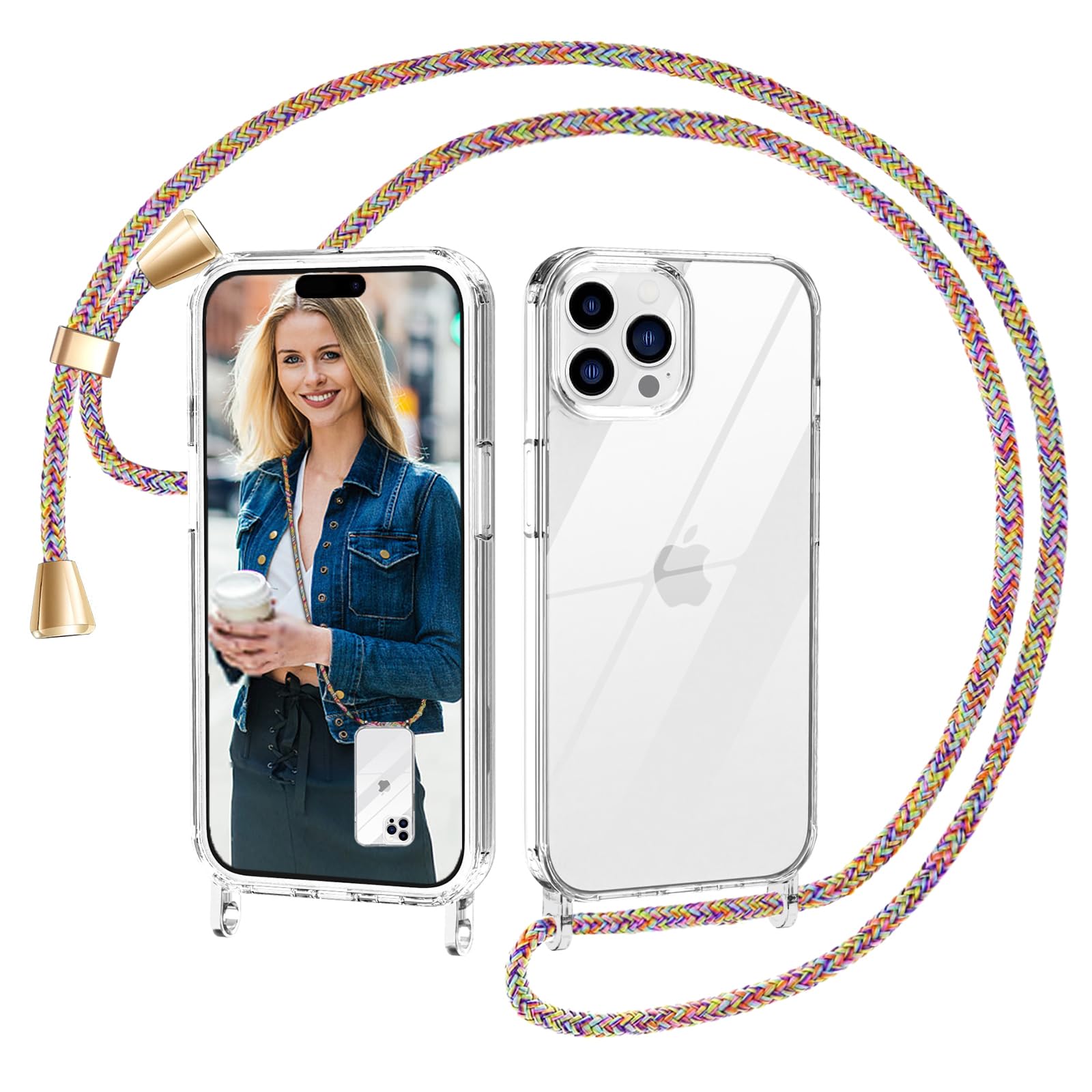 Tikgue Funda Con Cuerda Para IPhone 16 Pro, Carcasa Glitter Brillante Transparente TPU Suave Silicona Capa Con Colgante Ajustable Collar Correa De Cuello Colgar Cordón - Oro Rosa