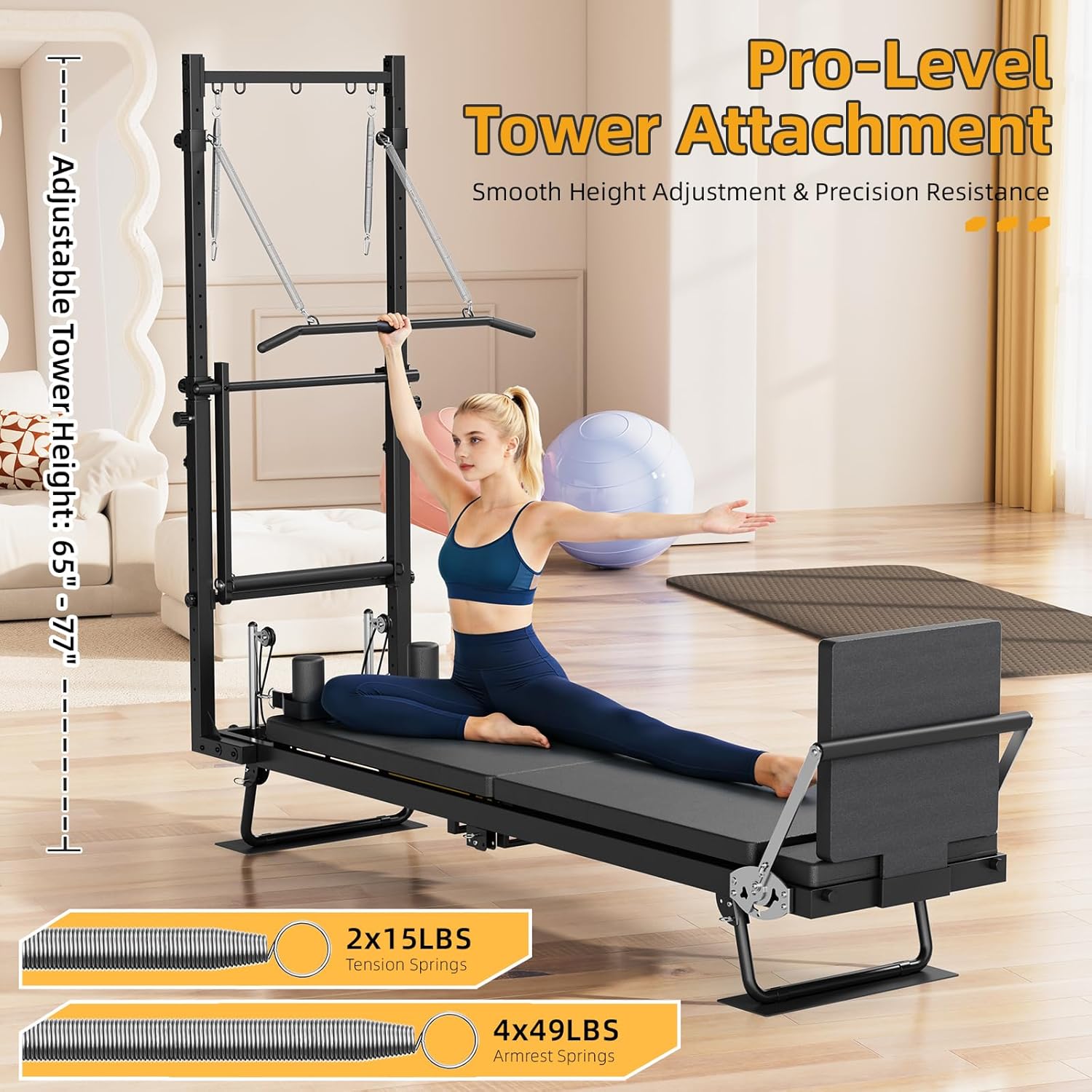Pilates Reformer Machine with Tower, 93" Foldable Reformer Pilates Machine with Jumpboard and Wire Spings, Reformer Pilates Machine for Home Gym, Black