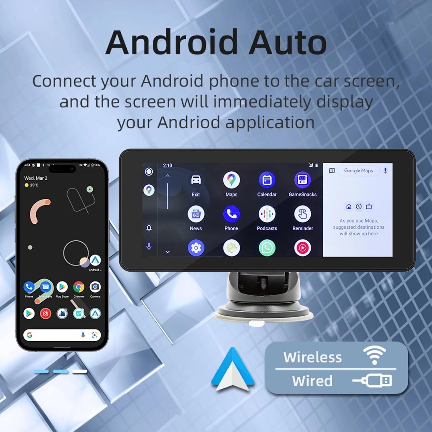 Yoidesu Car Multimedia Player displaying the Android Auto interface with navigation and communication apps.