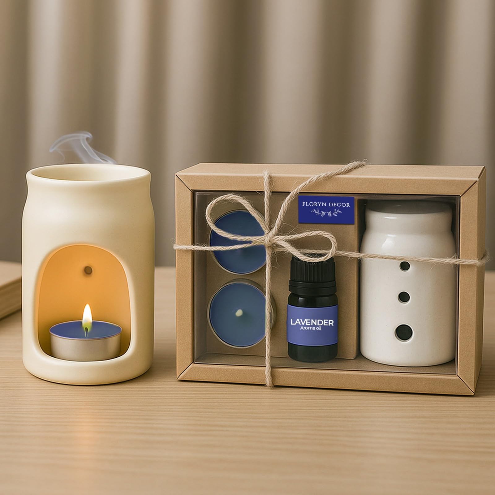 Floryn Decor Aroma Diffuser Set – Ceramic Oil Burner with 2 Tealight Candles & 10ml Essential Oil – Compact & Elegant Gift Set for Home, Bedroom, Office & Spa (Lavender)-image-20