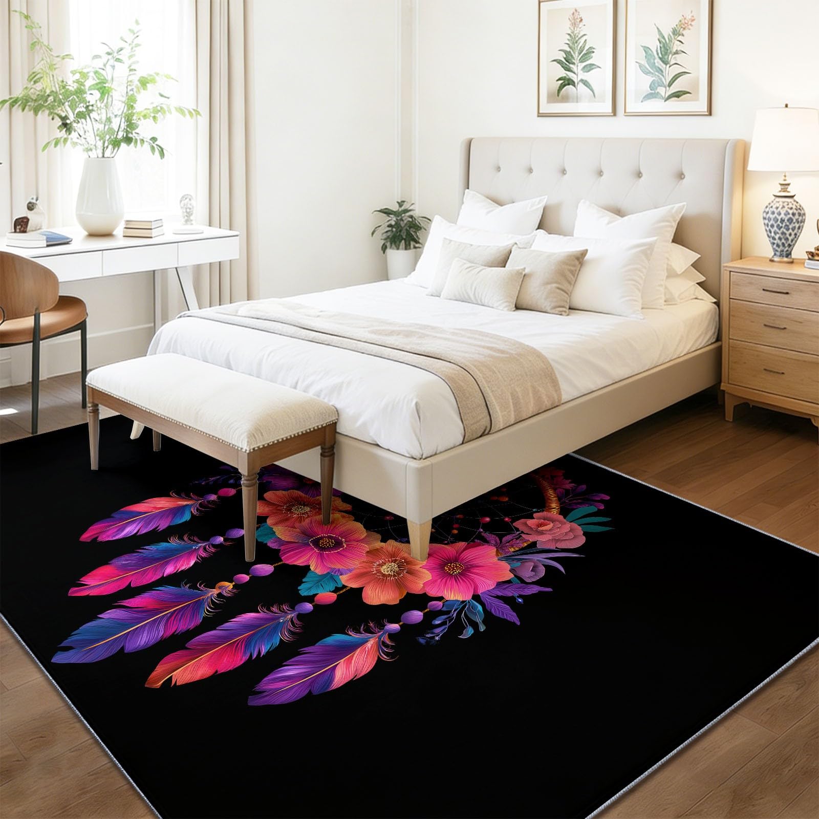 Dywan w stylu etnicznym łapacz snów, pióra, kwiatowy dywan do sypialni, 160 x 230 cm, można prać w pralce, antypoślizgowy, wielokolorowy dywan do spokojnego akcentu sypialni, odporny na plamy dywan z
