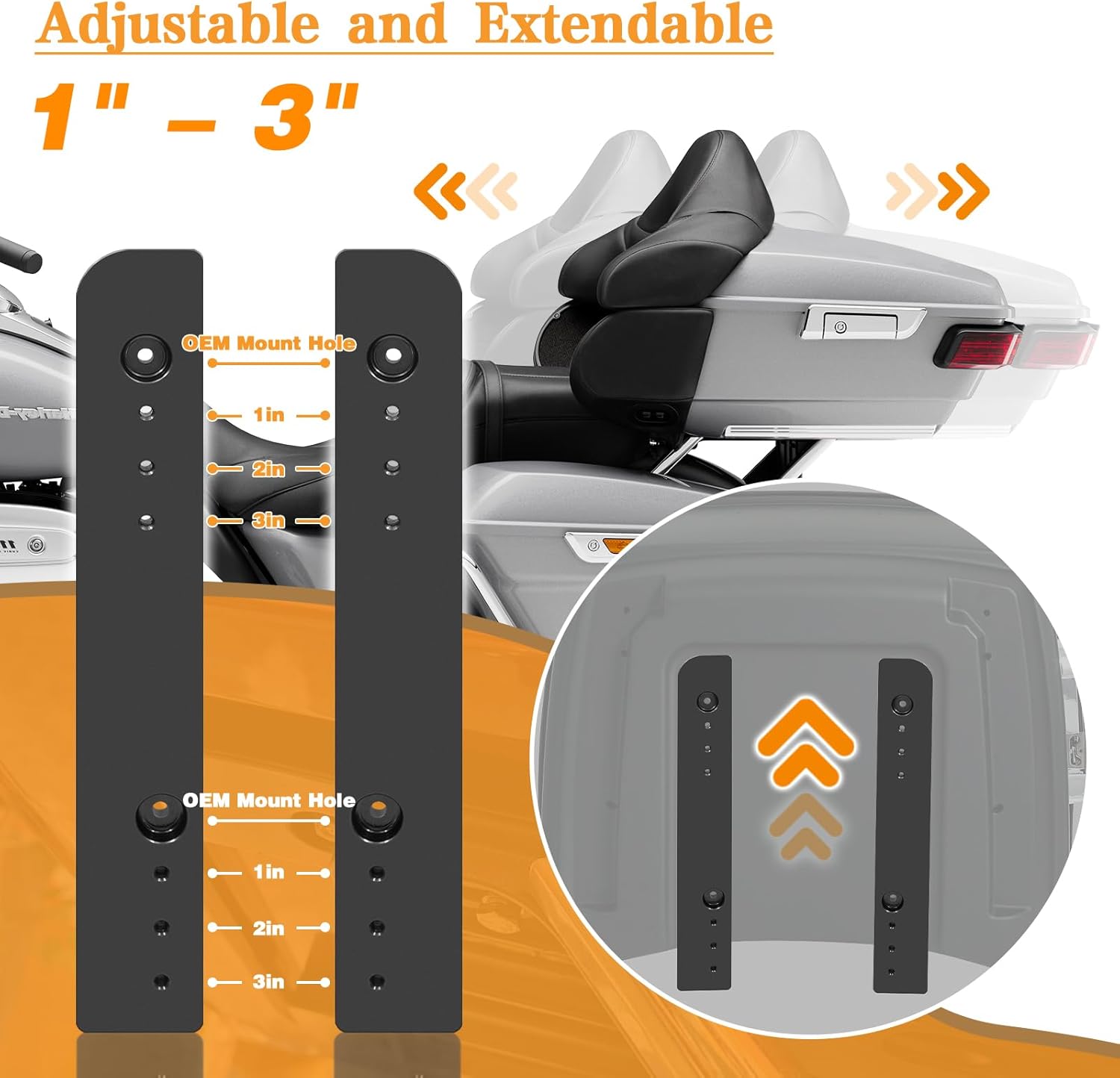 Adjustable 1''-3'' Tour Pack Relocator Kit Mount Extend Plate Trunk Detachable Luggage Rack for Harley Touring, Road King, Electra Glide, Street Glide, Road Glide & Trikes 2014-2025 Mdoels