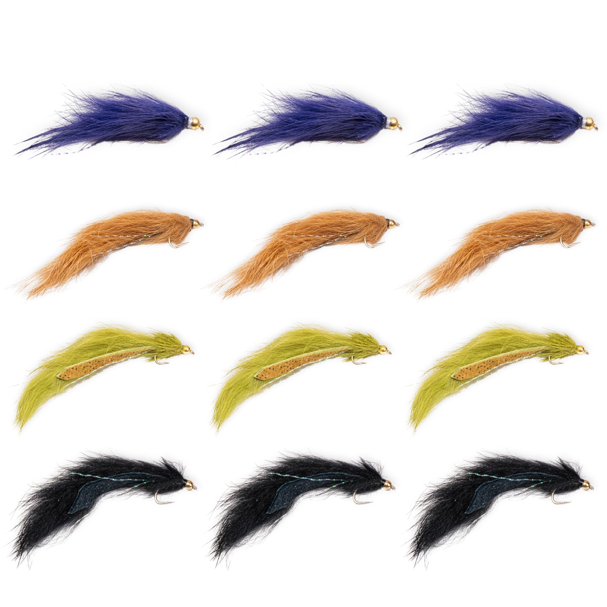 Pine Squirrel Leech Fly Fishing Flies 12 Pack with Cup | Hand Tied Streamer Wet Fly Nymph Lures for Trout Bass Salmon Steelhead Panfish | River Lake Stream | Sizes 8 10 12