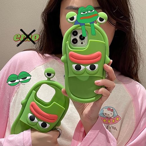 Miniatura 5 de Yatchen Fundas Kawaii para iPhone 13 Pro Max, bonitas fundas de dibujos animados verdes con boca de salchicha, rana y chanclas, funda 3D de silicona