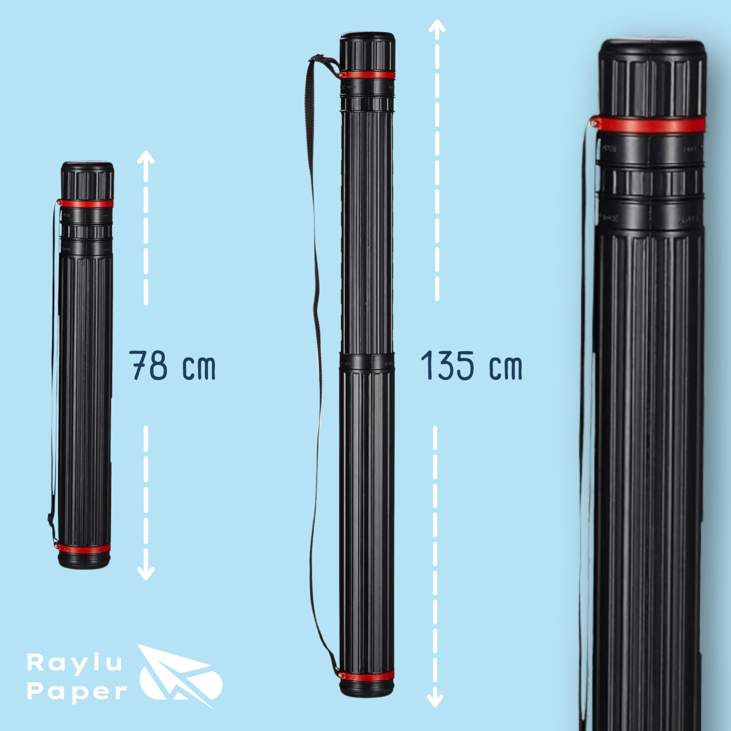 RAYLU PAPER - Tubo Portadisegni, tubo di plastica estensibile per conservare piani, tele e poster, tubo portadocumenti con tracolla per artisti, lavoro e università (78-135 cm)