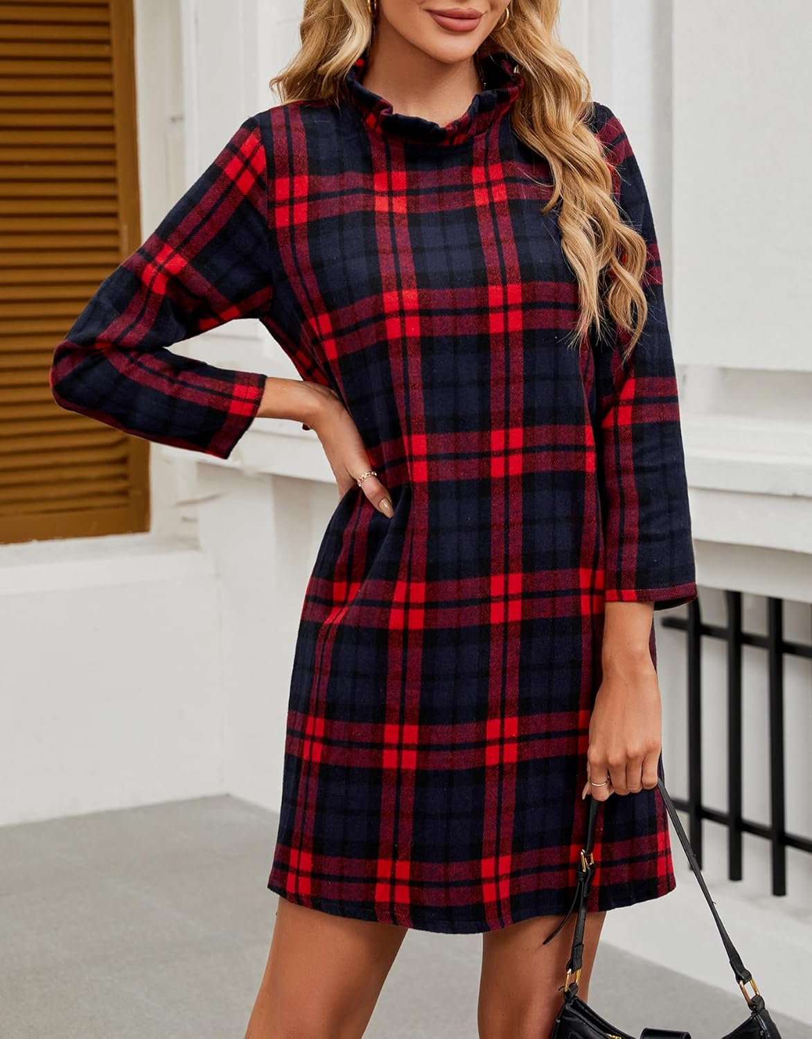 Women's Fall Plaid Dress Bow Tie Long Sleeve Dresses Casual Elegant Formal Shift Mini Dress with Pockets - Image 4