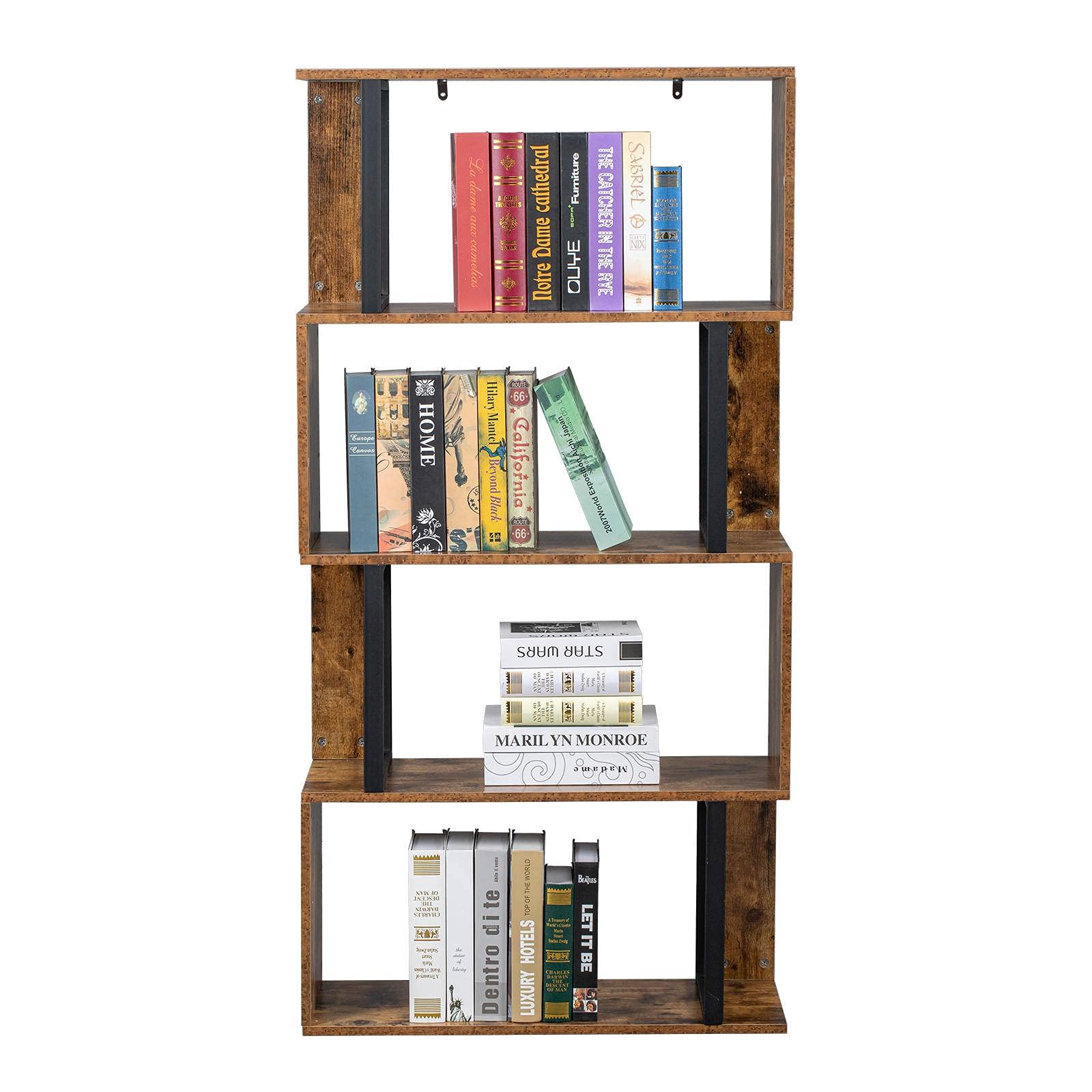 NA Bookcase and Bookshelf 4 Tier Display Shelf S Shape Z Shape Book Shelf Freestanding Multifunctional Decorative Storage Rack Retro Brown Industrial Style for Home Office