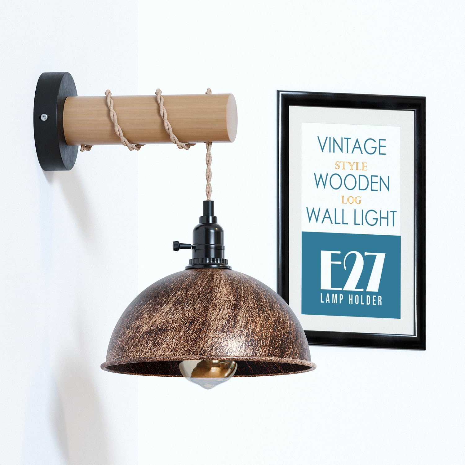 LEDSone Rustic Vintage Dome Wall Light – Indoor Wooden Wall Lamp with Hemp Rope, Industrial Farmhouse Wall Sconce, E27 LED Compatible, Decorative Lighting for Bedroom, Living Room, Hallway & Corridor