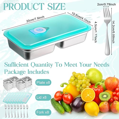 Miniatura 6 de Paquete de 8 recipientes de acero inoxidable para aperitivos, 15 onzas, reutilizables, para llevar con 2 compartimentos, con tenedores, tapas a