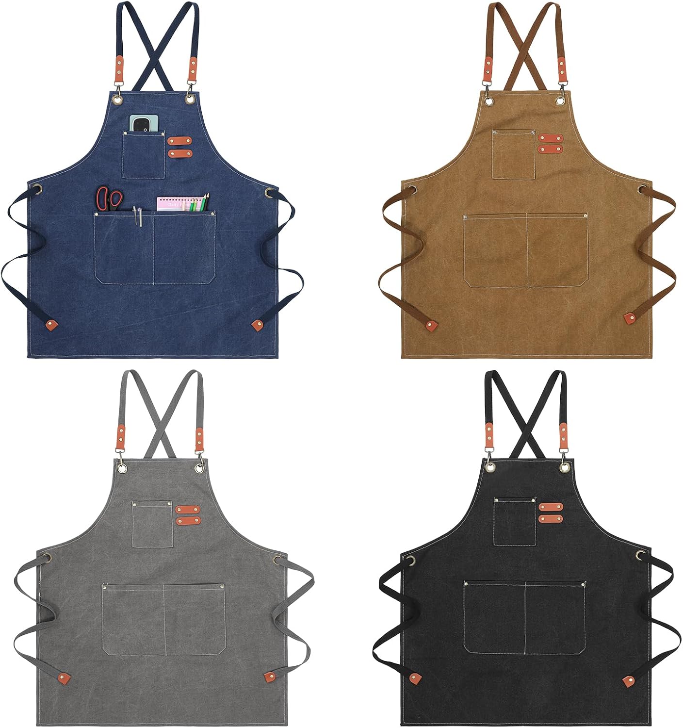 4 Pack Chef Apron for Men Women, Canvas Aprons with 3 Pockets & Adjustable Strap Cross Back, 26 x 30'' (4 colors)