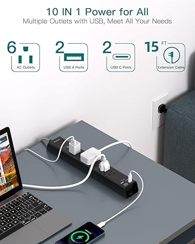 Vista 28 de Regleta protectora de sobretensiones – Cable de extensión con 6 salidas de CA Addtam 4 USB (2 puertos USB-C), 1875 W/15 A, enchufe plano