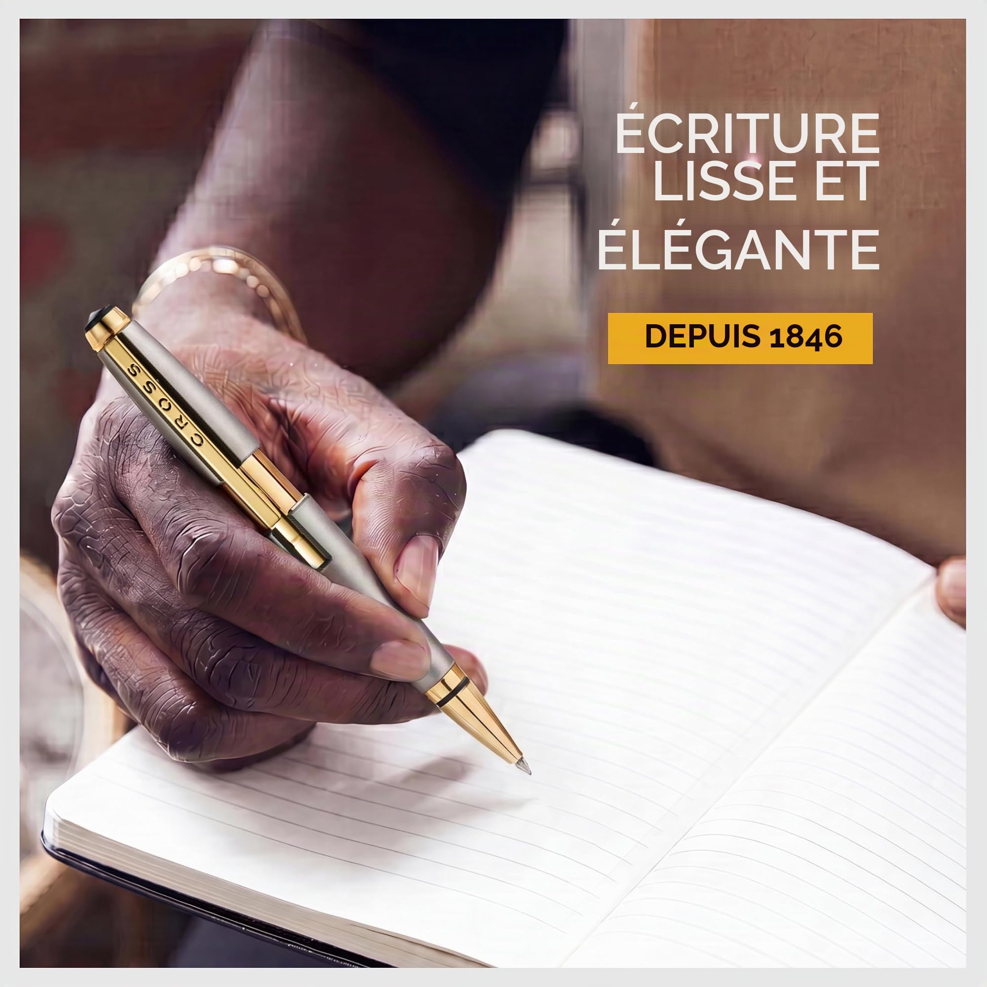 Cross Edge Stylo roller (épaisseur de trait M, couleur de l'encre : noir, rechargeable, avec boîte cadeau) titane mat et doré