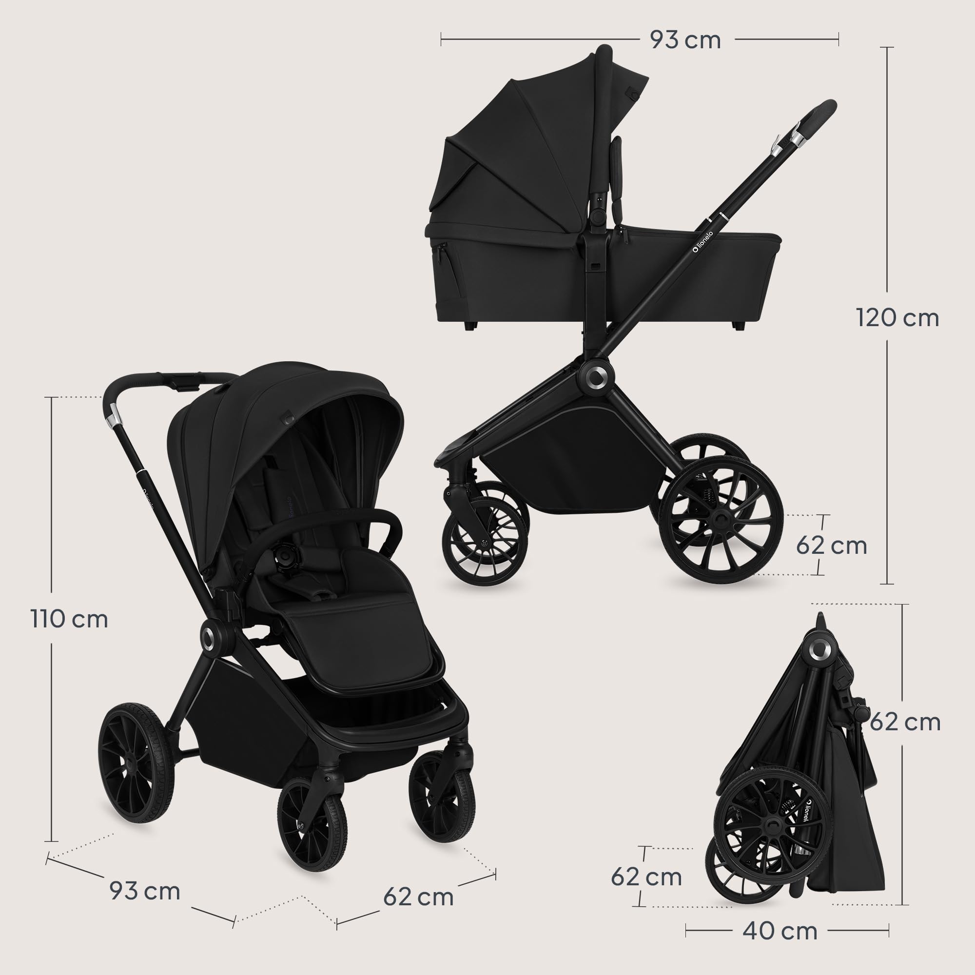 LIONELO MIKA PLUS 2 w 1 Wózek Spacerowy Dziecięcy 0-48 miesięcy do 22 kg Gondola do 9 kg, Regulacja Oparcia i Podnóżka, Amortyzacja, AiryDots, Obrotowe Koła PU 360° Budka XXL (Czarny)