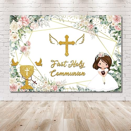 Miniatura 6 de MEHOFOND Telón de fondo de la primera comunión que Dios bendiga a las niñas, decoraciones de fiesta de bautizo, ceremonia de bautizo, baby shower,