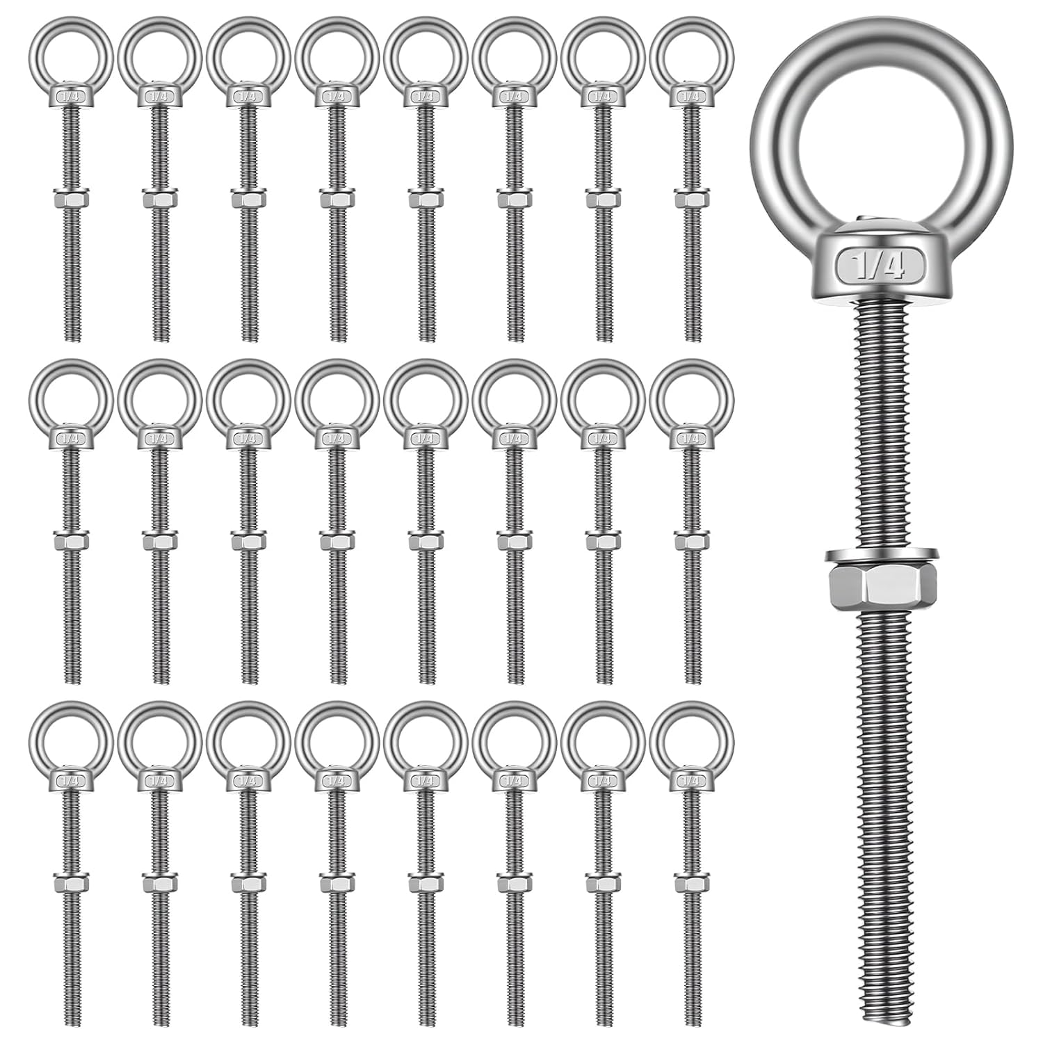 25pcs Eye Bolt Stainless Steel Marine Grade Threaded Eyebolts 1/4"x3.54" Lifting Rings Threaded Eyebolts with Nuts Washers Silver for Hanging Item