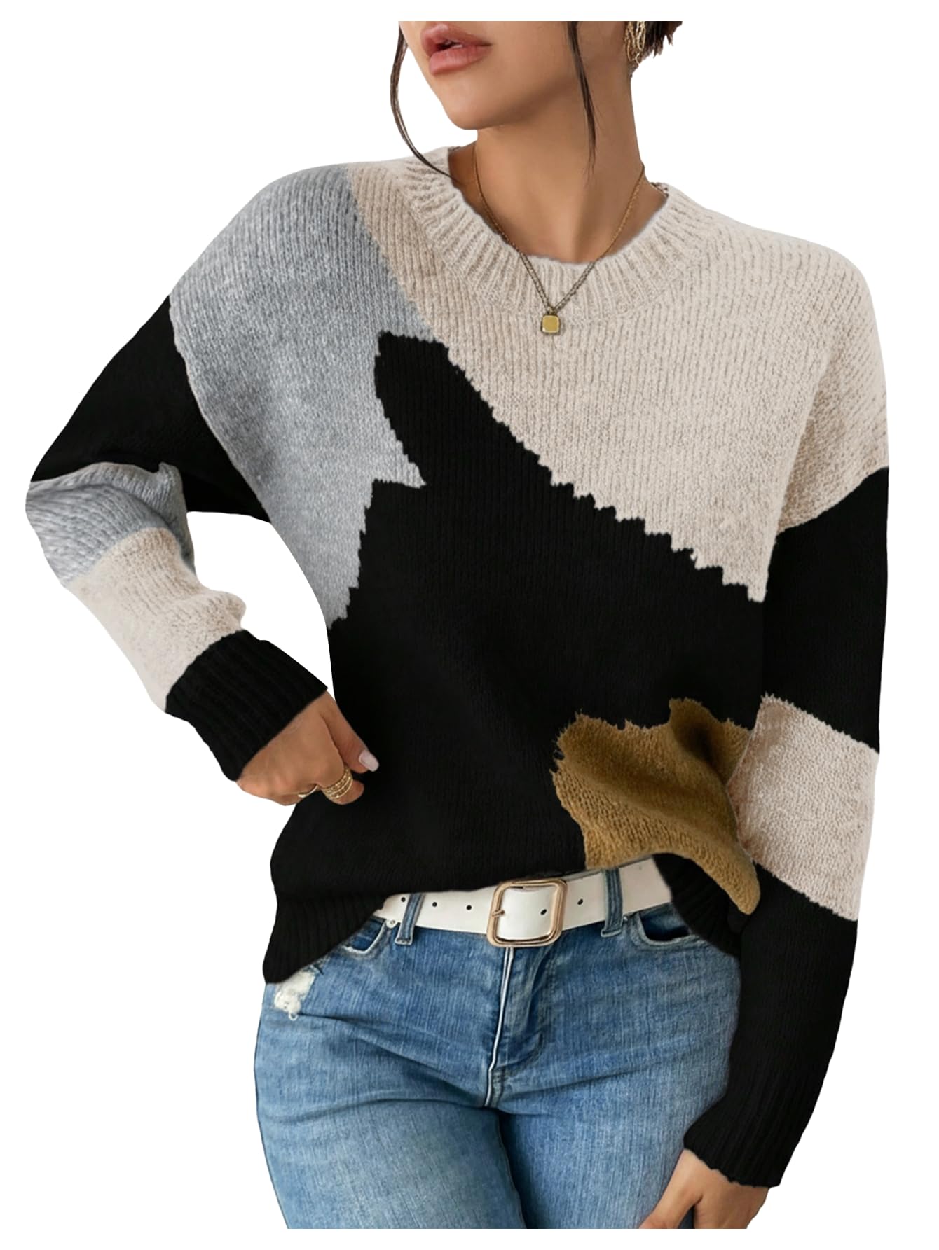 Womens 2025 Color Block Sweaters Crew Neck Long Sleeve Loose Pullover Jumper
