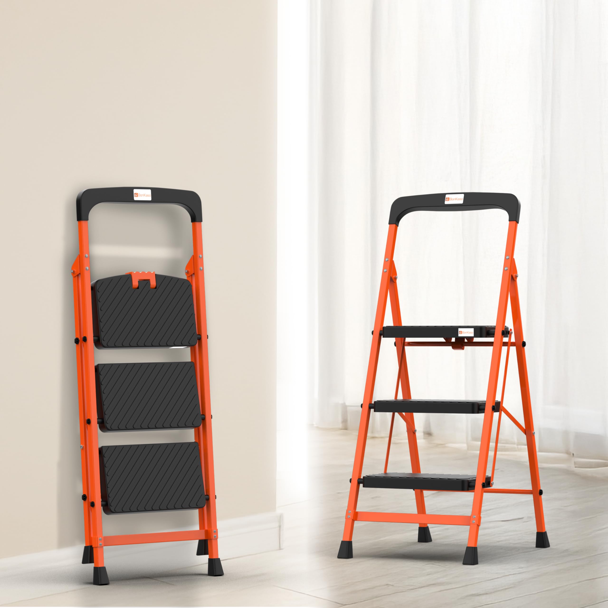 BonKaso Climb Easy 7 Step Foldable Steel Kitchen Ladder for Indoor & Outdoor use with Safety Clutch Lock, Anti-Slip Wide Durable Plastic Steps, Support Handle & Tool Tray (Orange & Black) — Amazon image 10