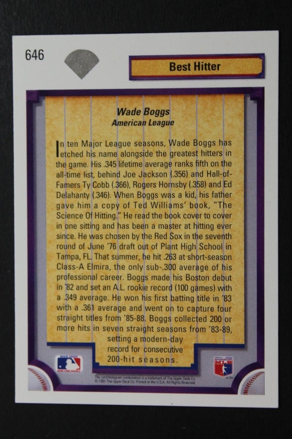 Wade Boggs Boston Red Sox Signed 1992 Upper Deck #646 Autographed Baseball Card