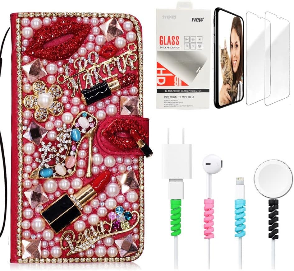 STENES Bling Wallet Phone Case Compatible with Samsung Galaxy Note 20 Ultra - Stylish - 3D Handmade Flowers Floral Butterfly Leather Cover with Screen Protector & Cable Protector - Hot Pink