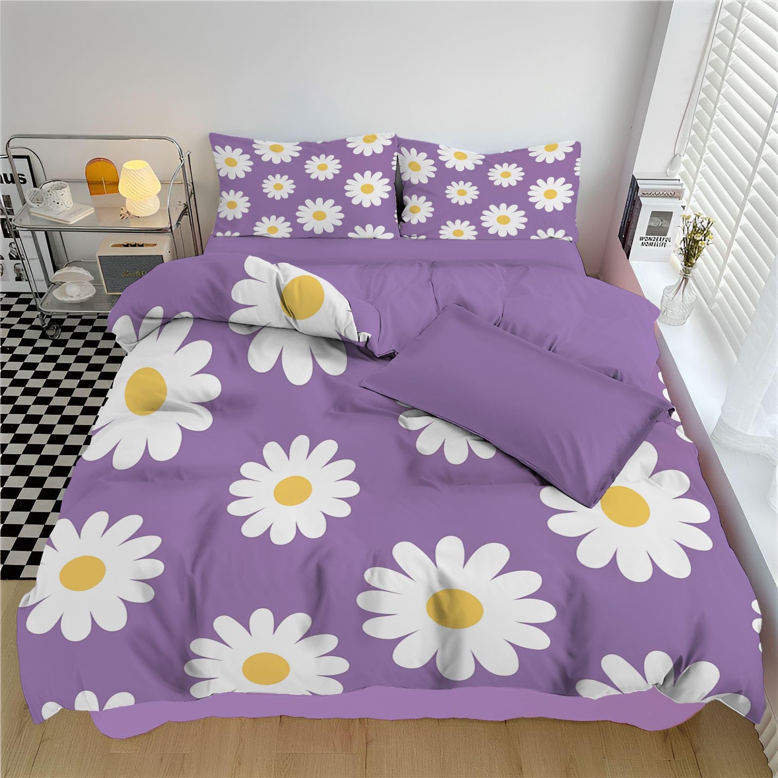Housse de couette douce en microfibre violette au motif rêveur de marguerite