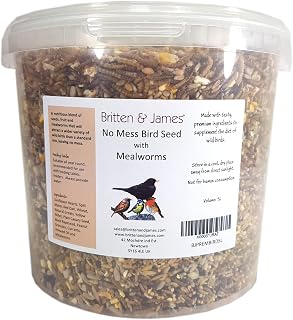 Britten & James No Mess Wild Bird Seed with Added Mealworms 5L Tub (3.6kg). A Natural High Protein Energy Boost for Wild Birds