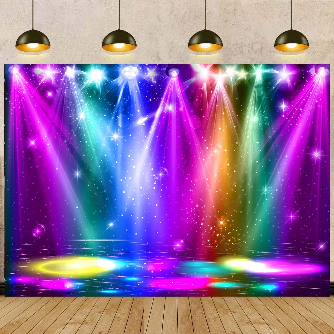 Rainbow Stage Photography Backdrop 10x8FT 70s 80s 90s Colorful Glitter Disco Background Rock Music Neon Glow Party Decorations Supplies Photo Props