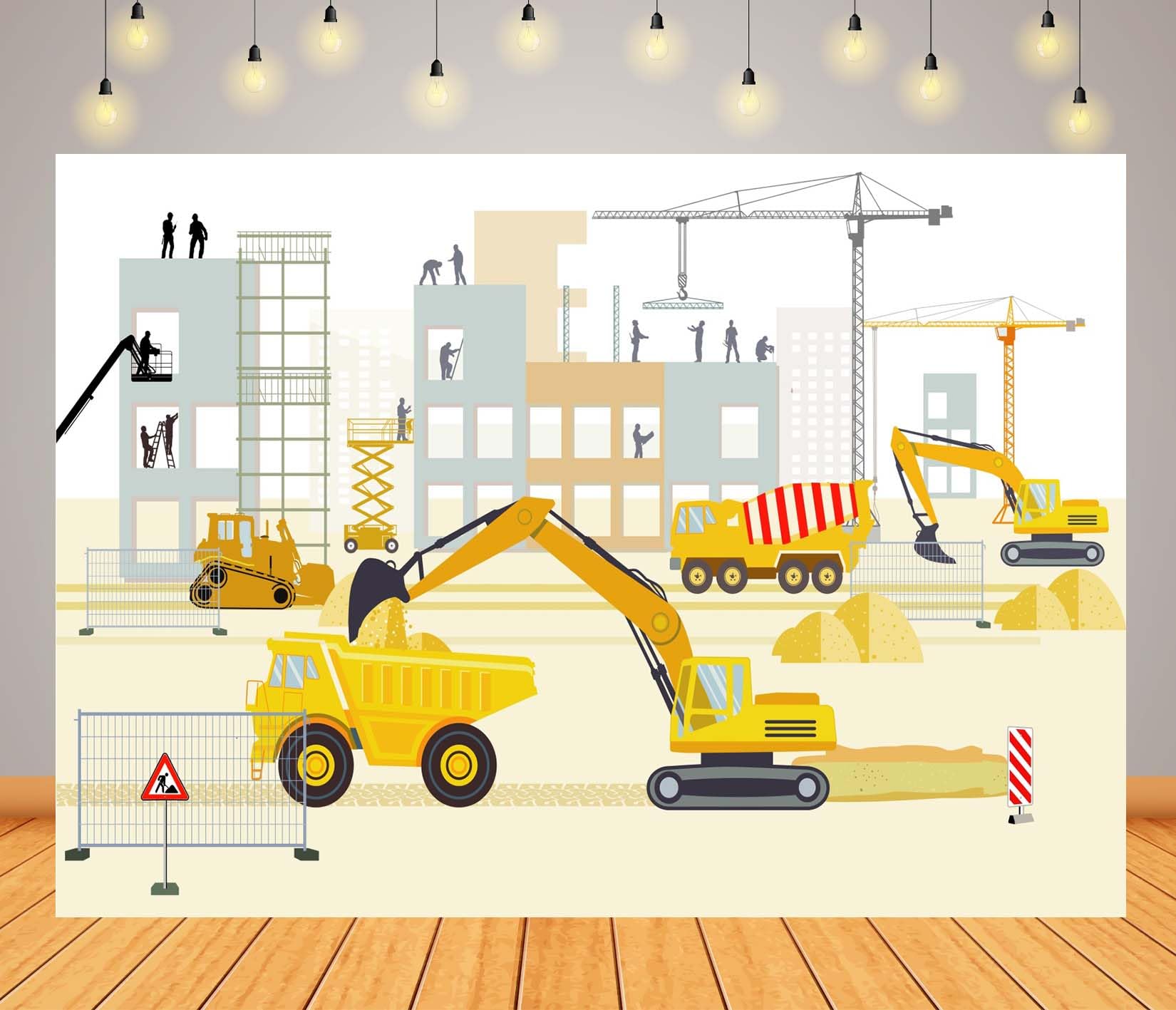 3.6x3m Stoff Cartoon Baustelle Bagger Kran Muldenkipper Arbeiter Silhouette Hintergrund Kinder Baumaschinen Motiv Fotografie Hintergrund für Kindergeburtstag Photo Booth
