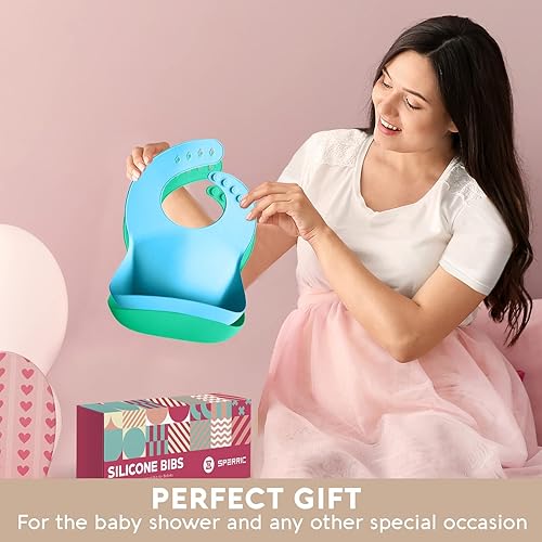 Miniatura 6 de Sperric Baberos de silicona para bebé, babero de silicona suave con atrapasador de alimentos y material impermeable, ajuste ajustable para bebés y