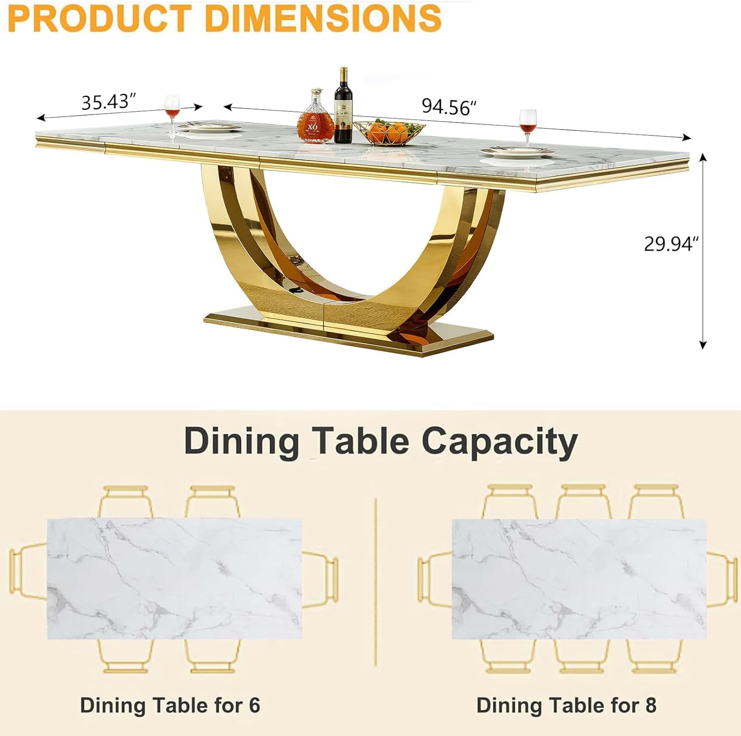 Large Marble Dining Table for 6-10, Luxury 94" White Gold Kitchen Dining Room Table w/Rectangular Faux Marble Top & Mirrored Stainless Steel Base, Modern 10 Seater Long Dinner Table for Dining Room