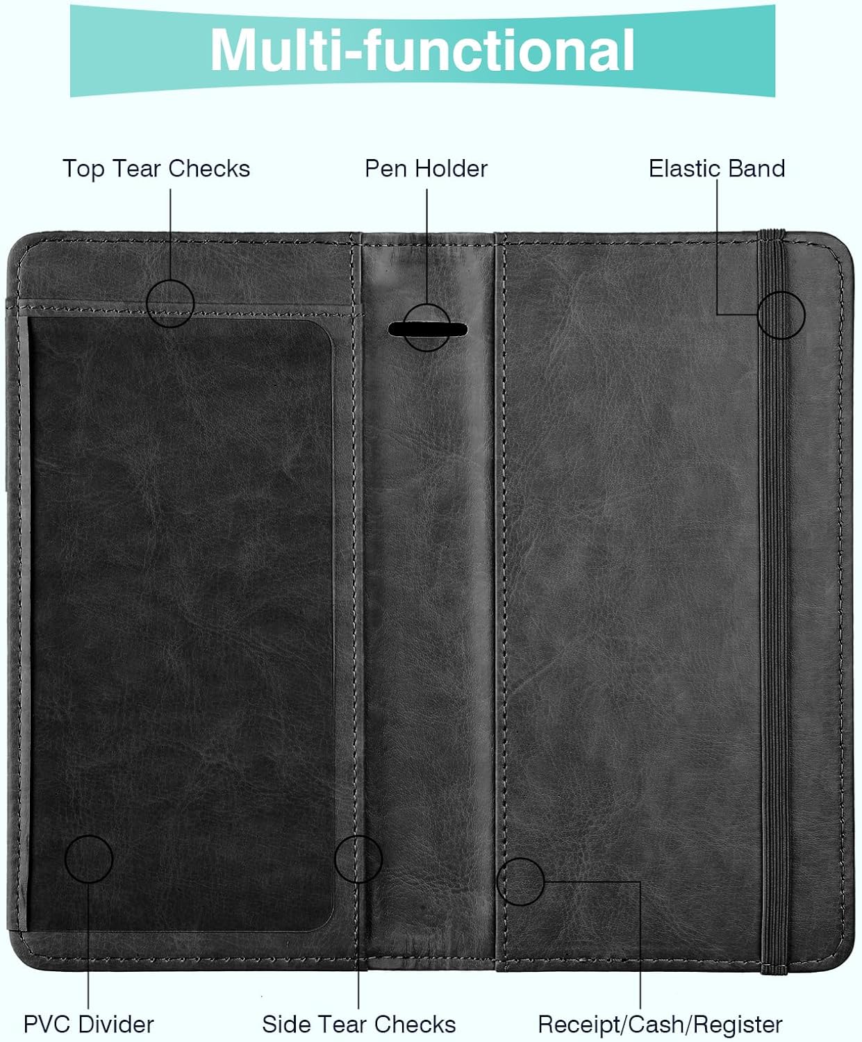 Checkbook Cover for Personal Checkbook，Pu Leather Check Book Covers for Women and Men，With Pen holders and Elastic Bands & Built-in Clear Plastic Divider for Duplicate Checks，Black