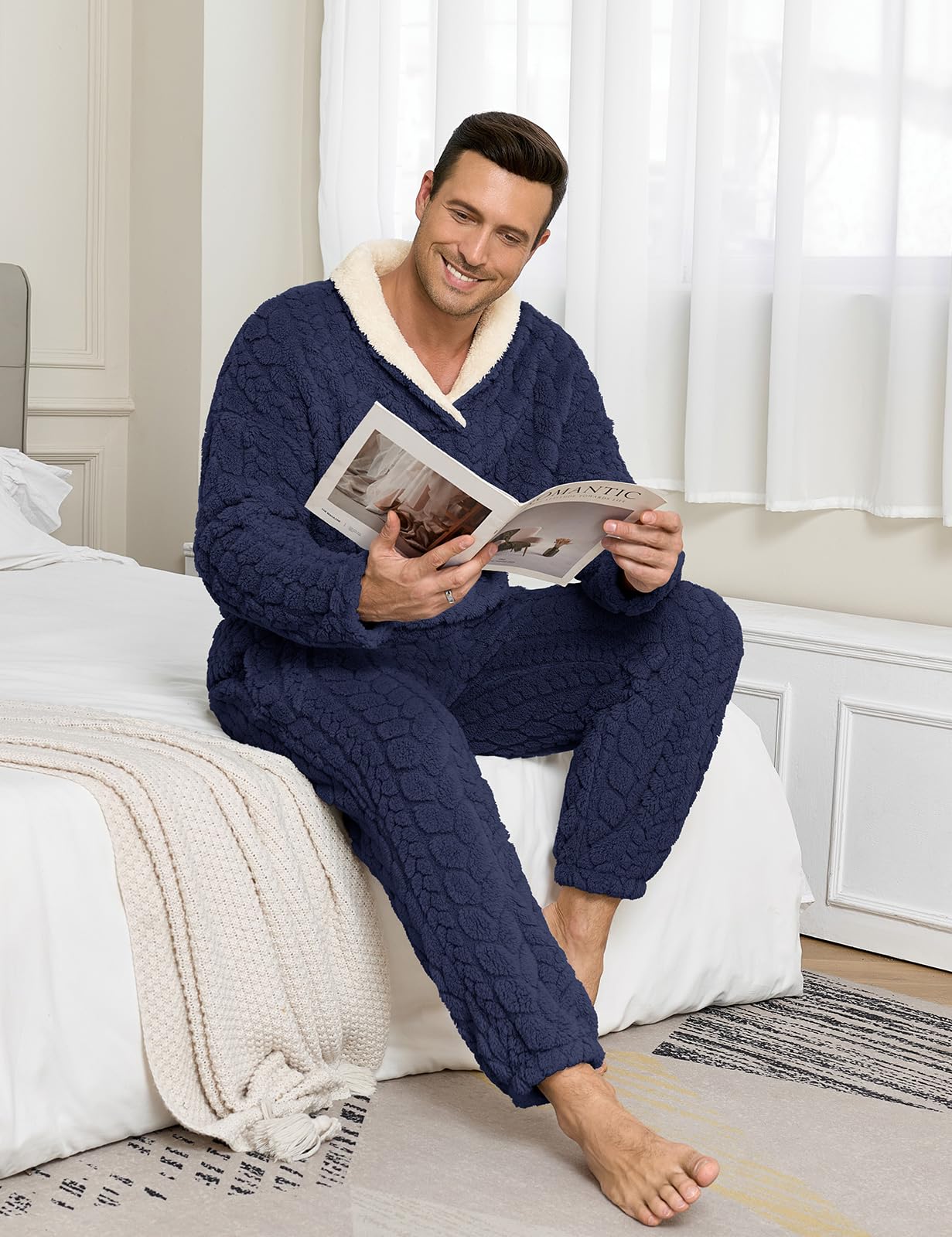 Lonya Schlafanzug Herren Lang Flauschig Winter 2 Stück Pyjama Set