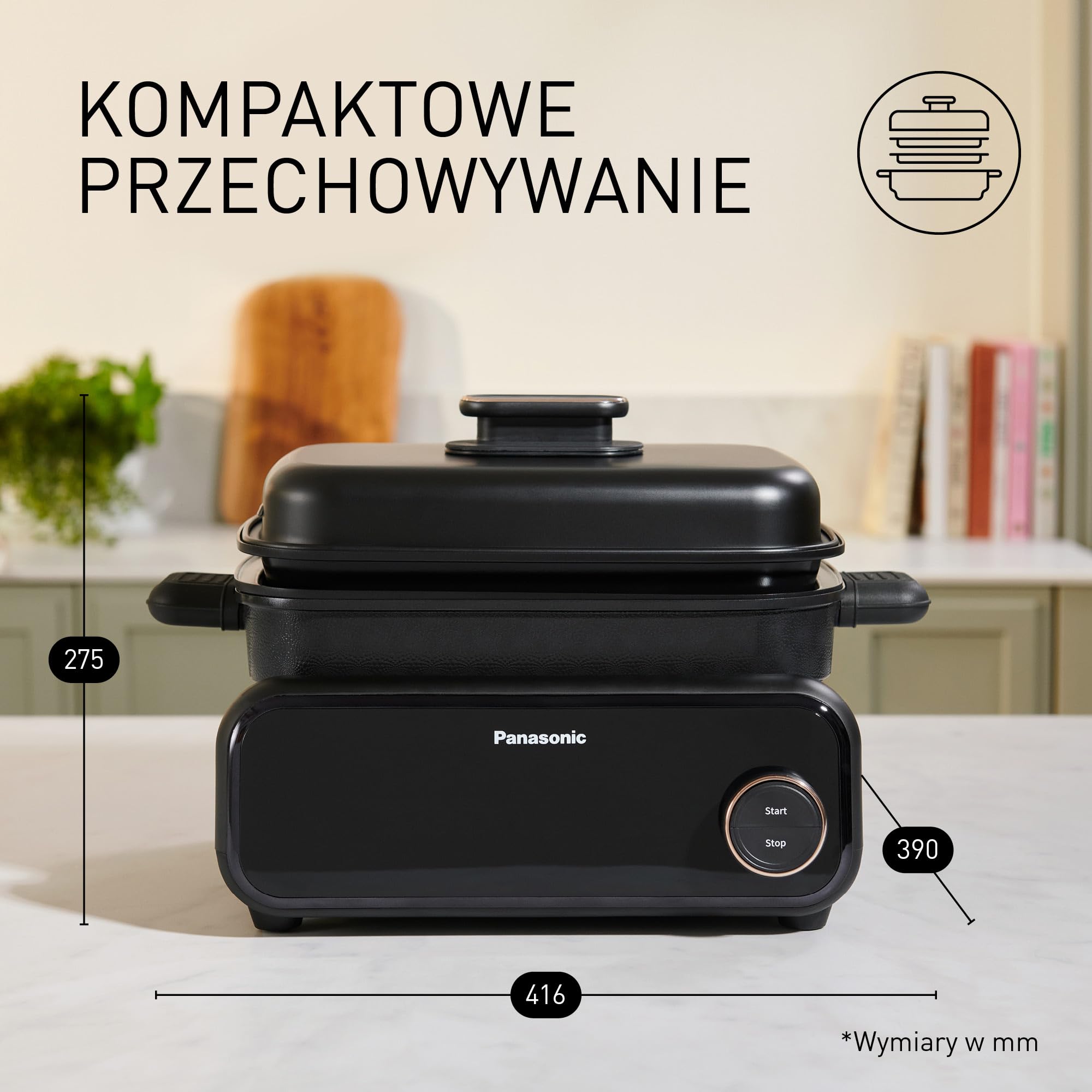 Panasonic NF-GM400KXE Garnek Elektryczny Multicooker 4 w 1, 1400 W, 40-250°C, 9 trybów automatycznych, 4 płyt,system odprowadzania dymu,tace nadające się do mycia w zmywarce, przewód 2.5 m, czarny