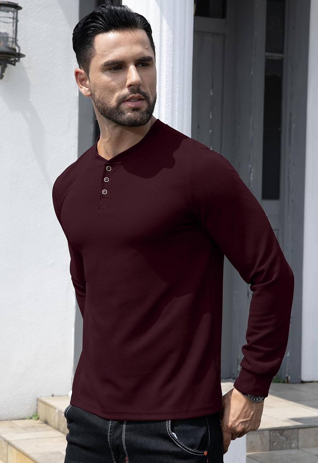KUYIGO Men's Slim Fit Henley Shirts Casual Solid Button Waffle Fashion Summer T-Shirts Tops - Image 3